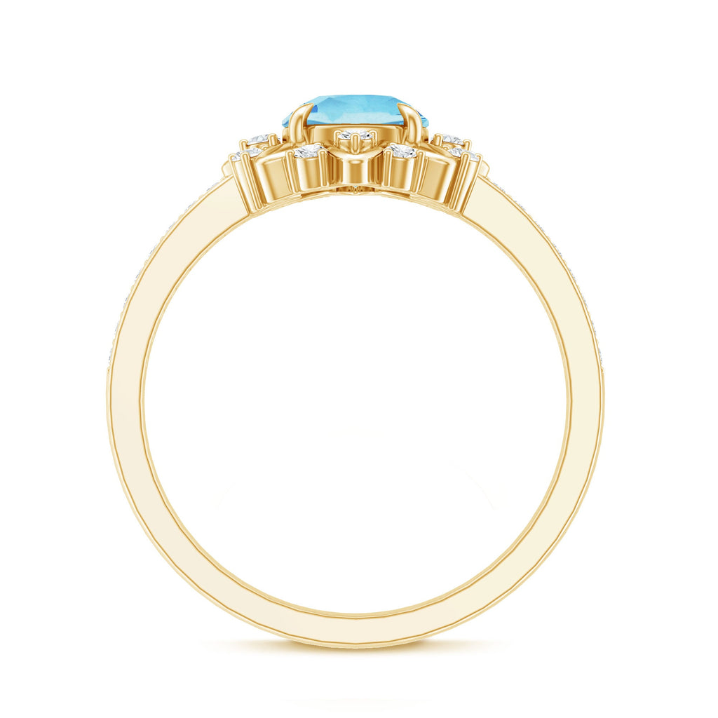 Genuine 0.8 Aquamarine Floral Engagement Ring with Diamond Side Stones