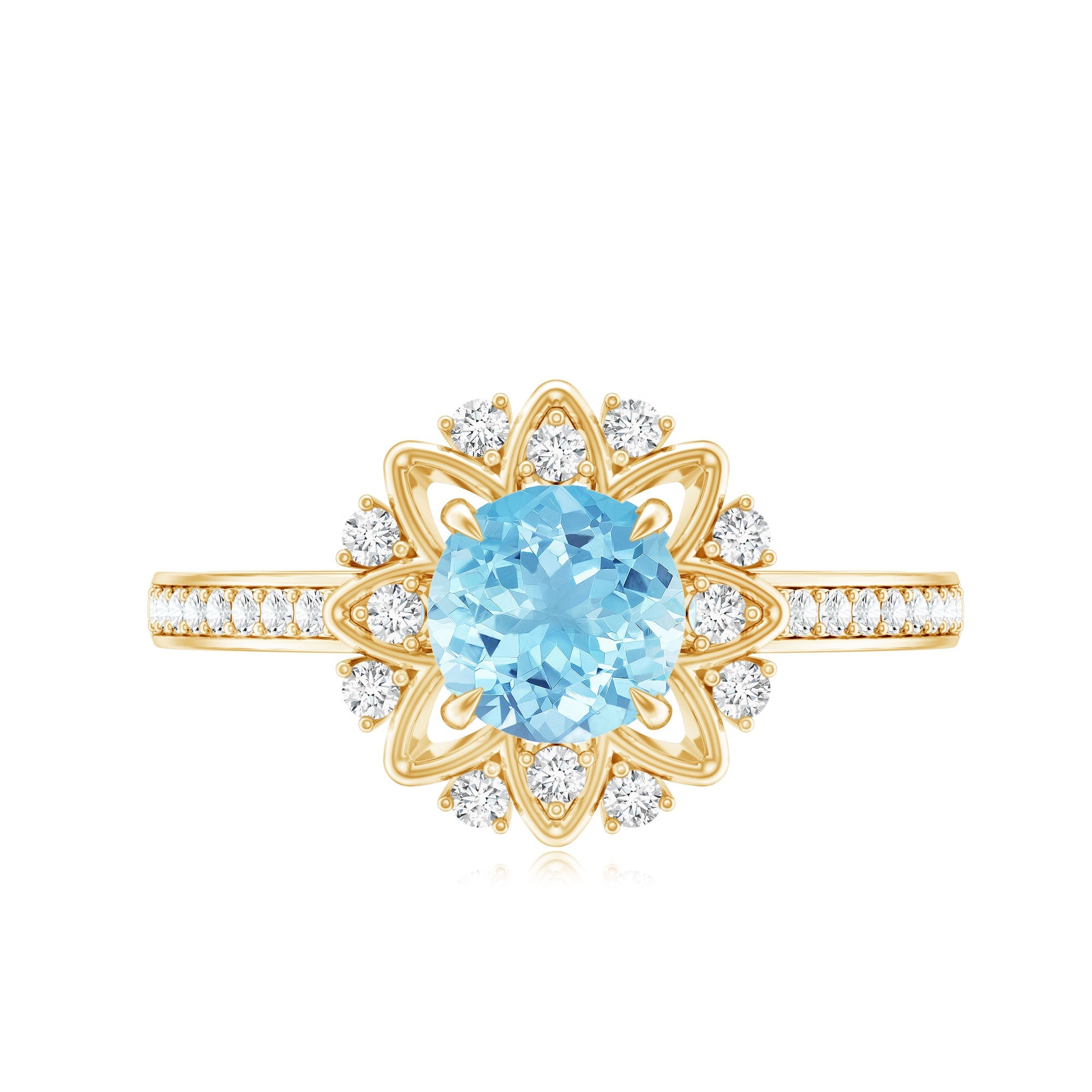 Genuine 0.8 Aquamarine Floral Engagement Ring with Diamond Side Stones