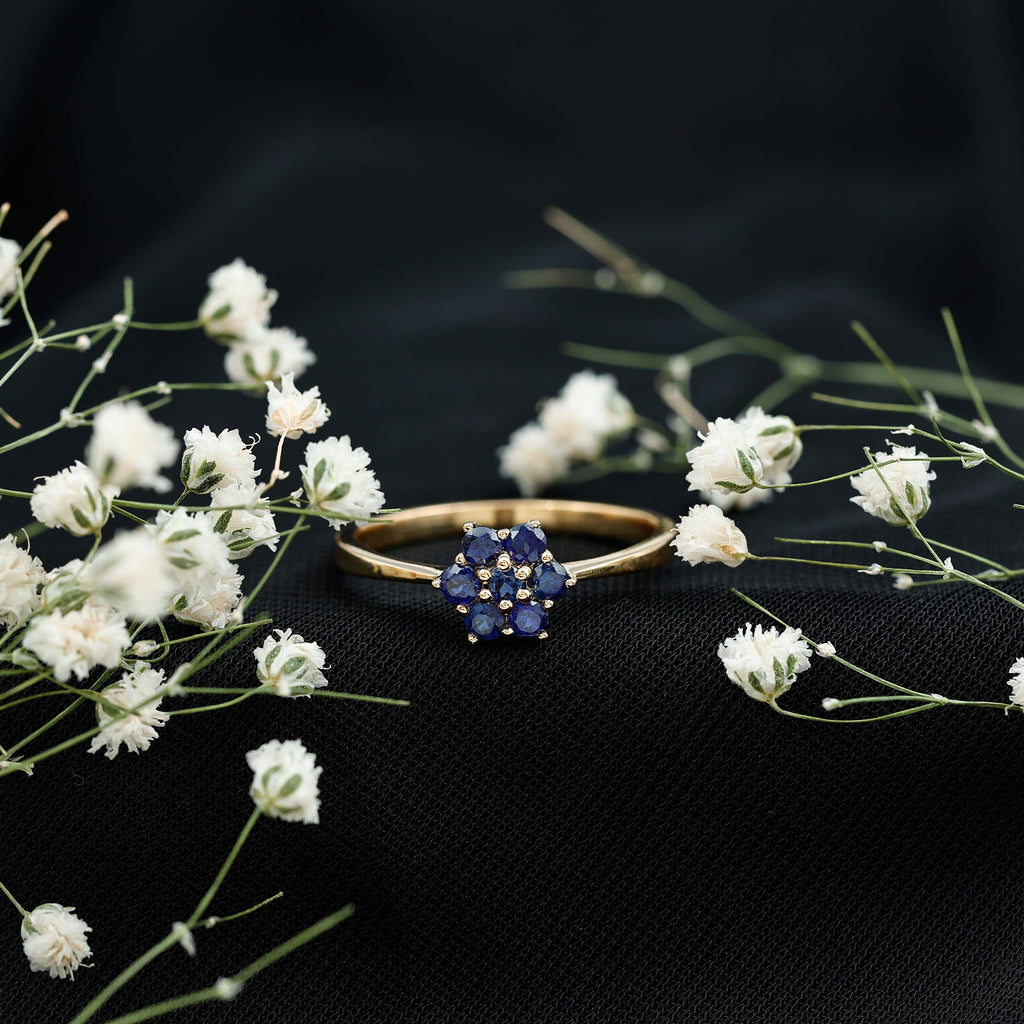 Certified Round Shape Blue Sapphire Cluster Flower Ring
