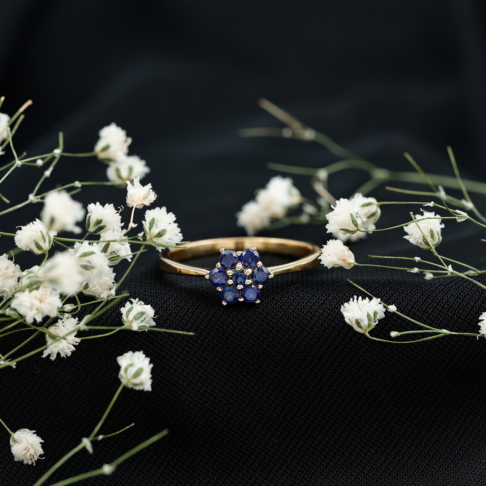 Certified Round Shape Blue Sapphire Cluster Flower Ring
