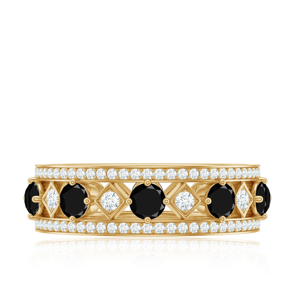 Antique Looking Black Onyx and Moissanite Wide Wedding Band