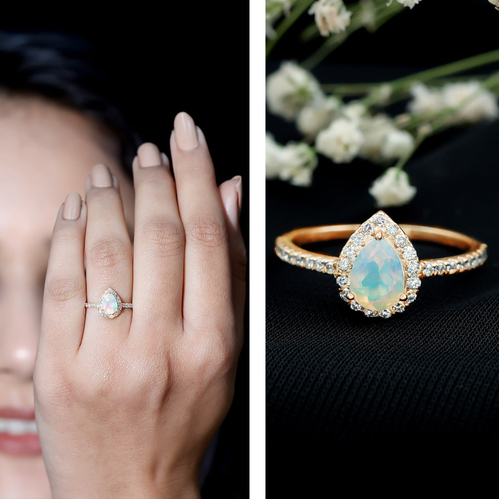 0.7 Carat Natural Ethiopian Opal Teardrop Engagement Ring with Diamond Halo