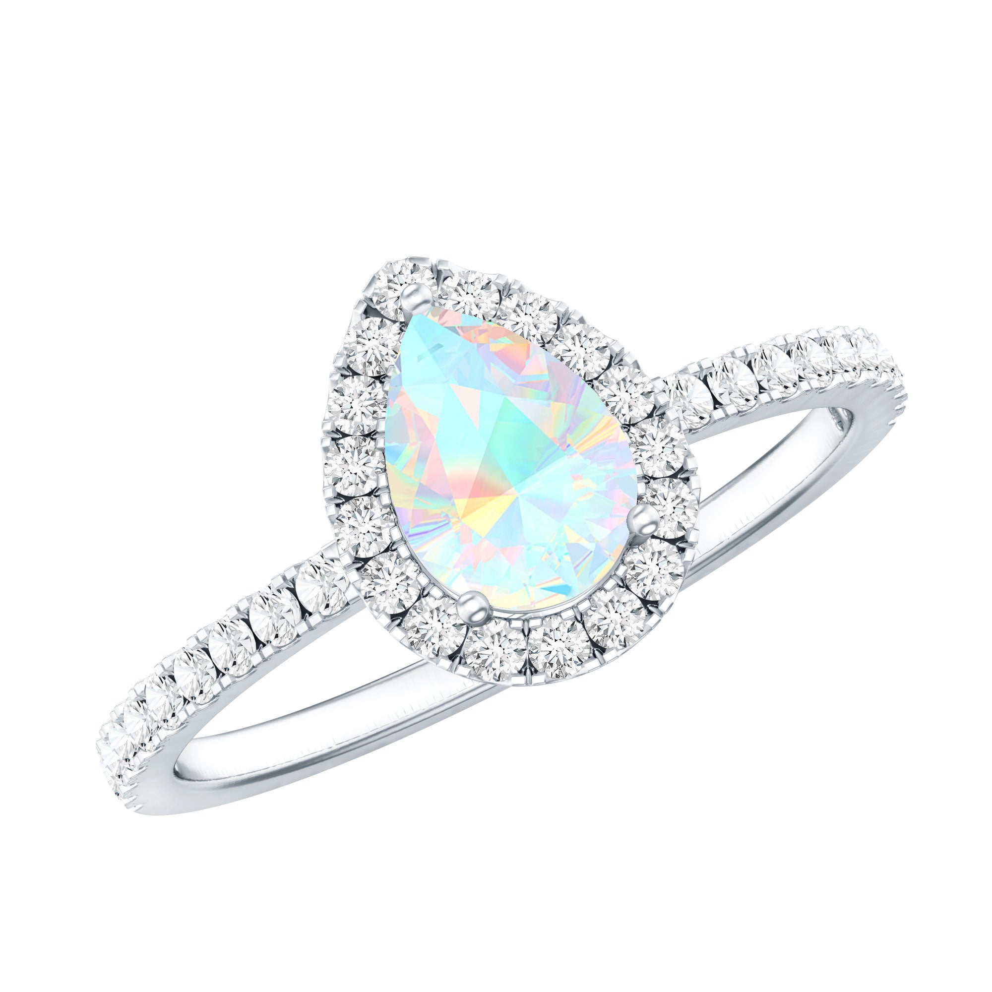 0.7 Carat Natural Ethiopian Opal Teardrop Engagement Ring with Diamond Halo