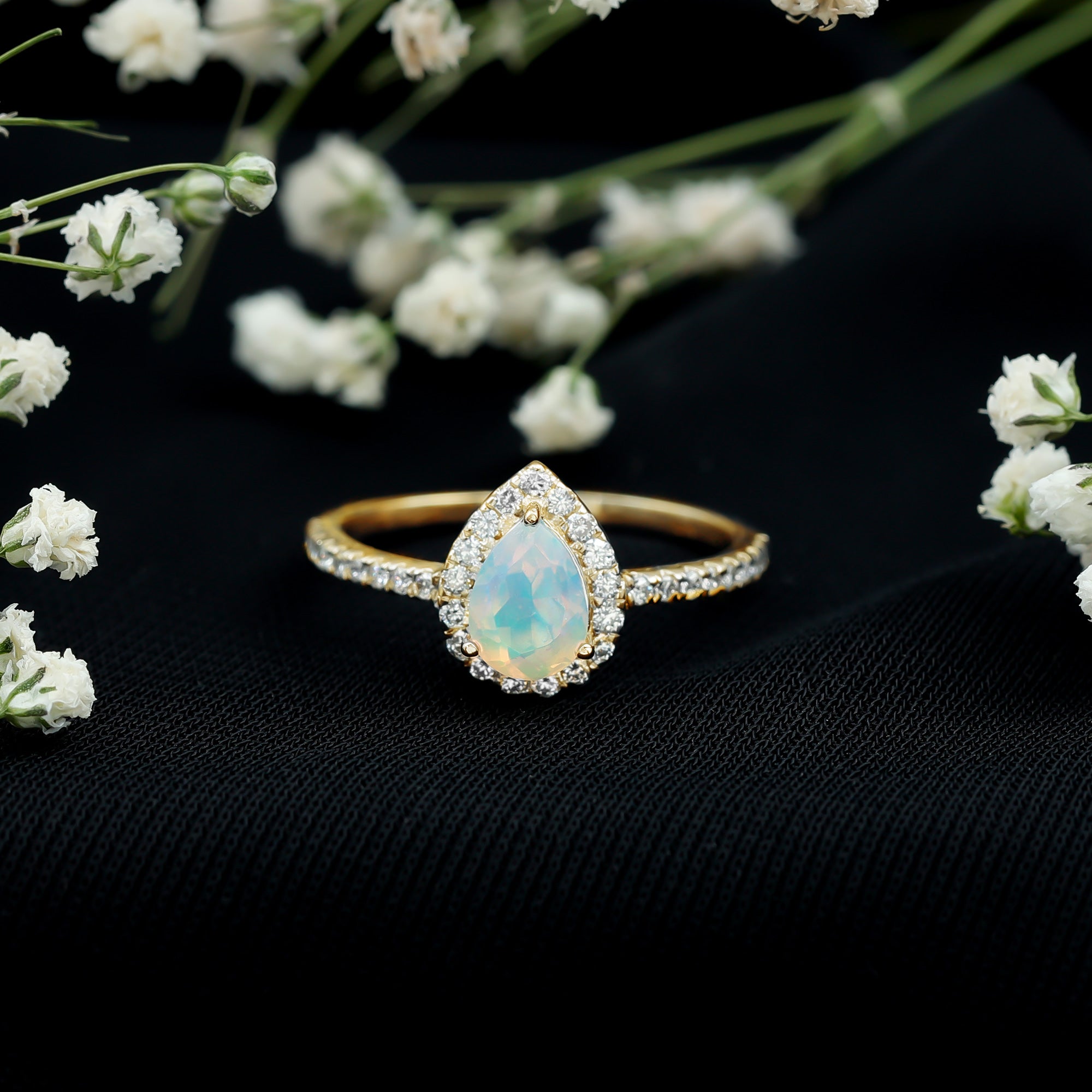 0.7 Carat Natural Ethiopian Opal Teardrop Engagement Ring with Diamond Halo