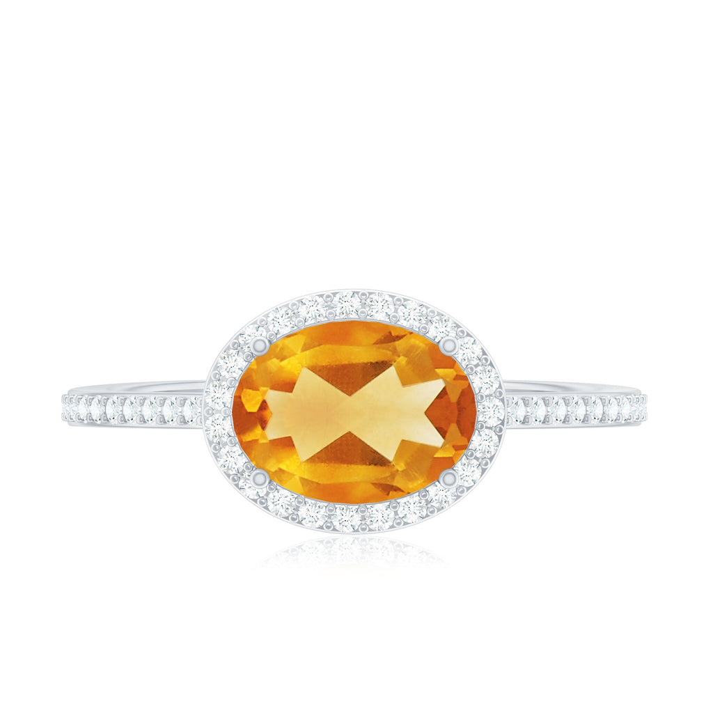 Certified Real 1 Carat Oval Citrine East West Engagement Ring with Diamond Halo