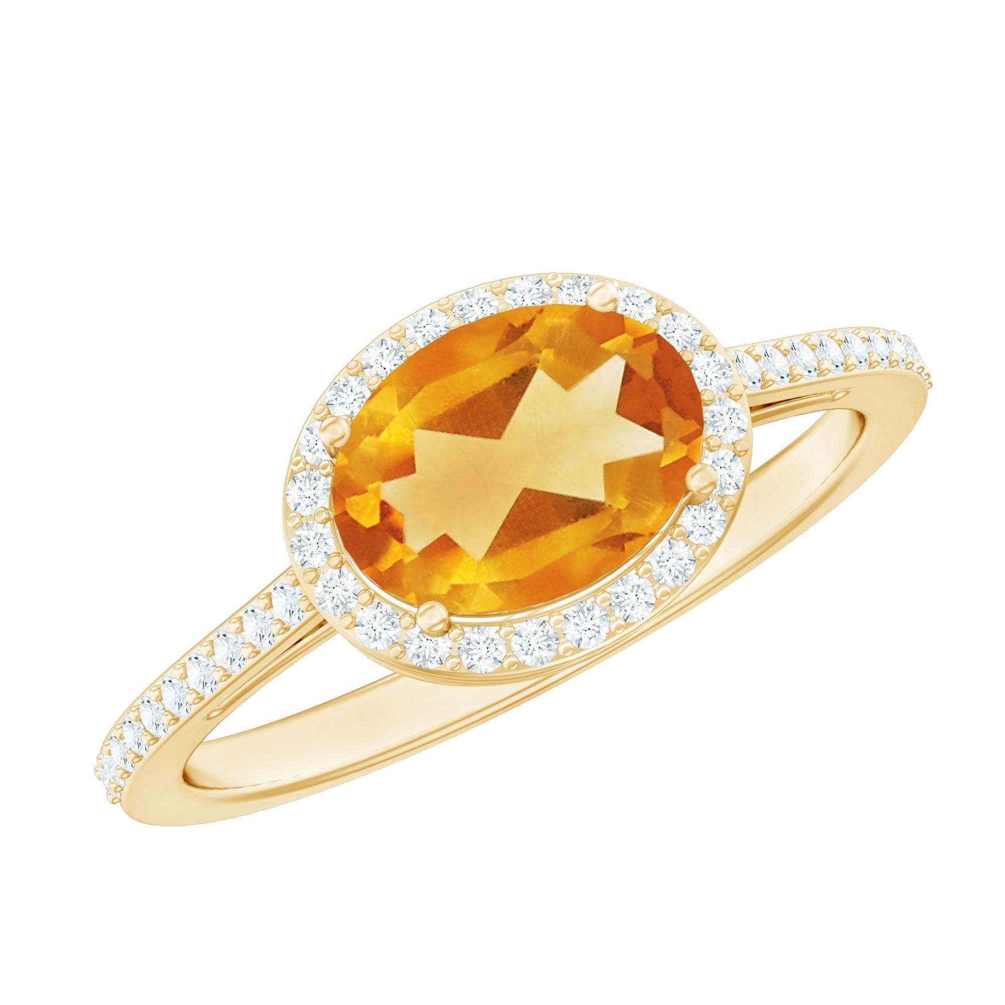 Certified Real 1 Carat Oval Citrine East West Engagement Ring with Diamond Halo
