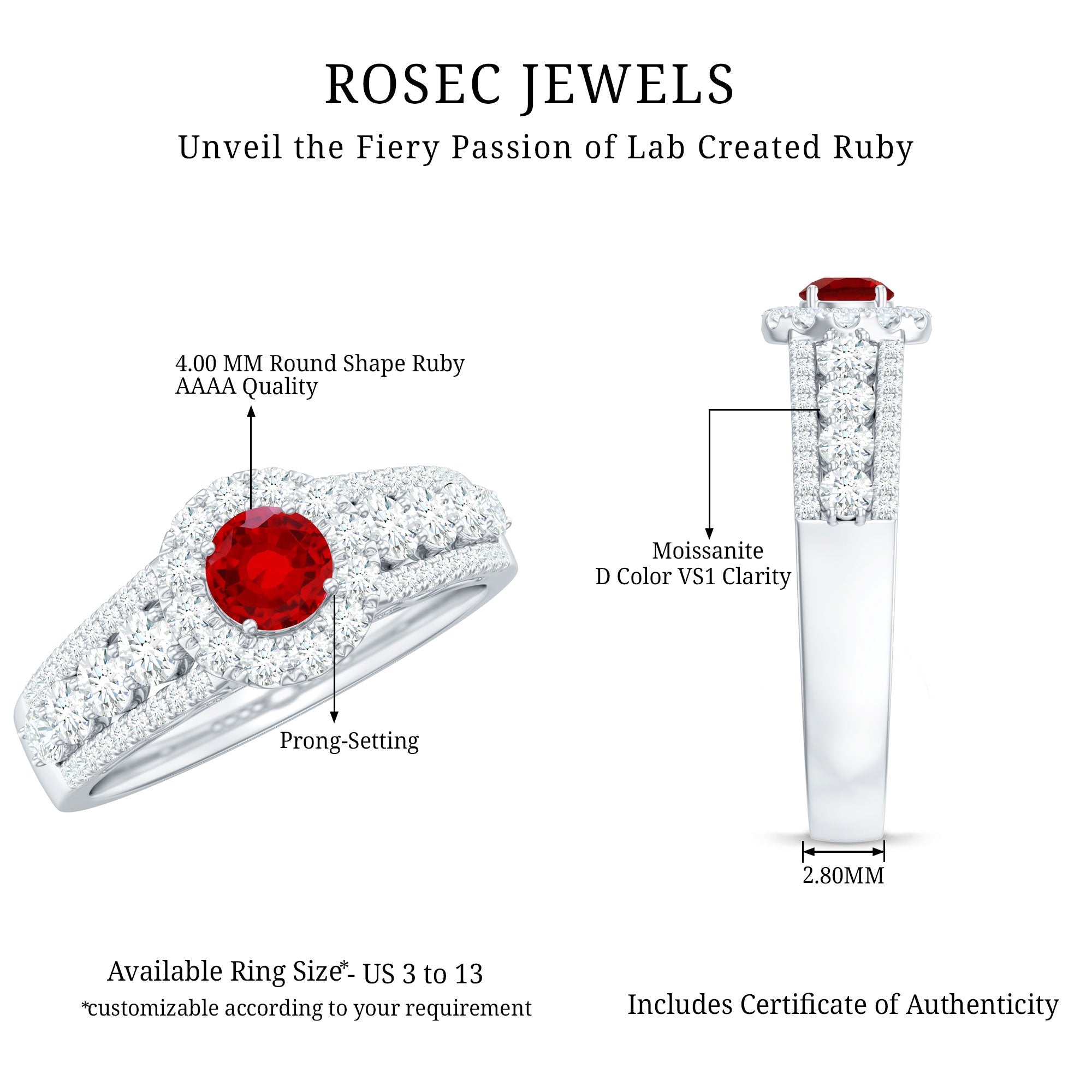 Lab Created Ruby Side Stone Engagement Ring with Moissanite