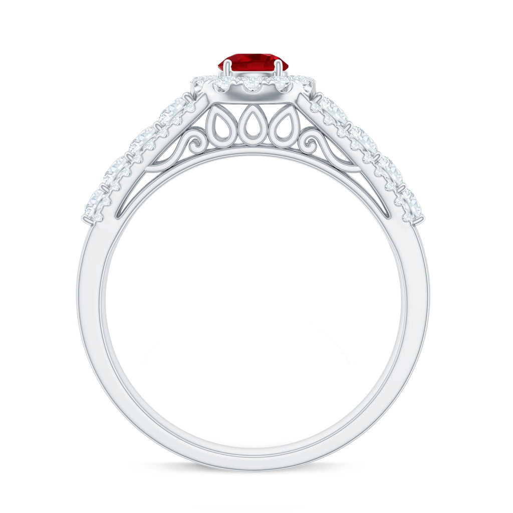 Lab Created Ruby Side Stone Engagement Ring with Moissanite