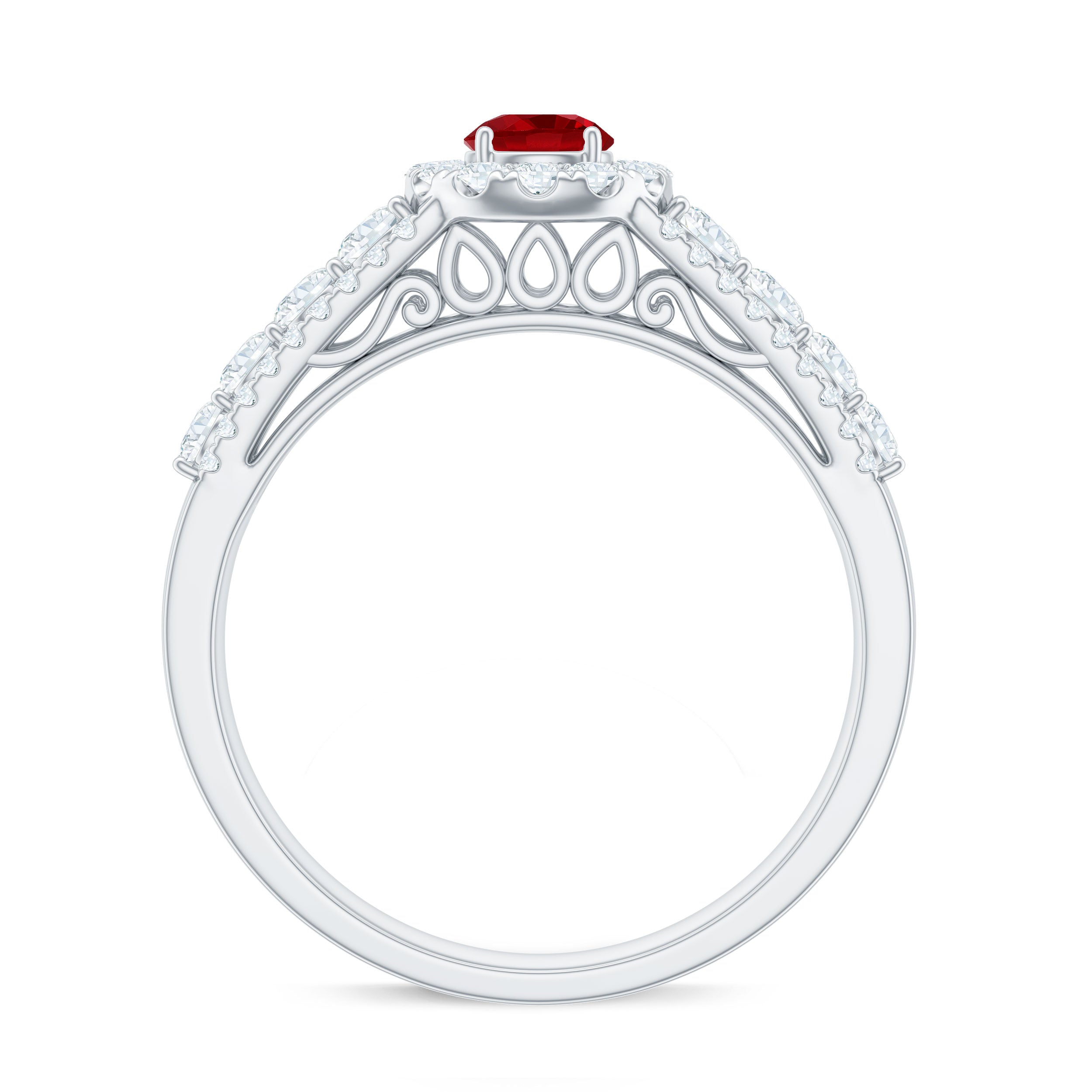 Lab Created Ruby Side Stone Engagement Ring with Moissanite