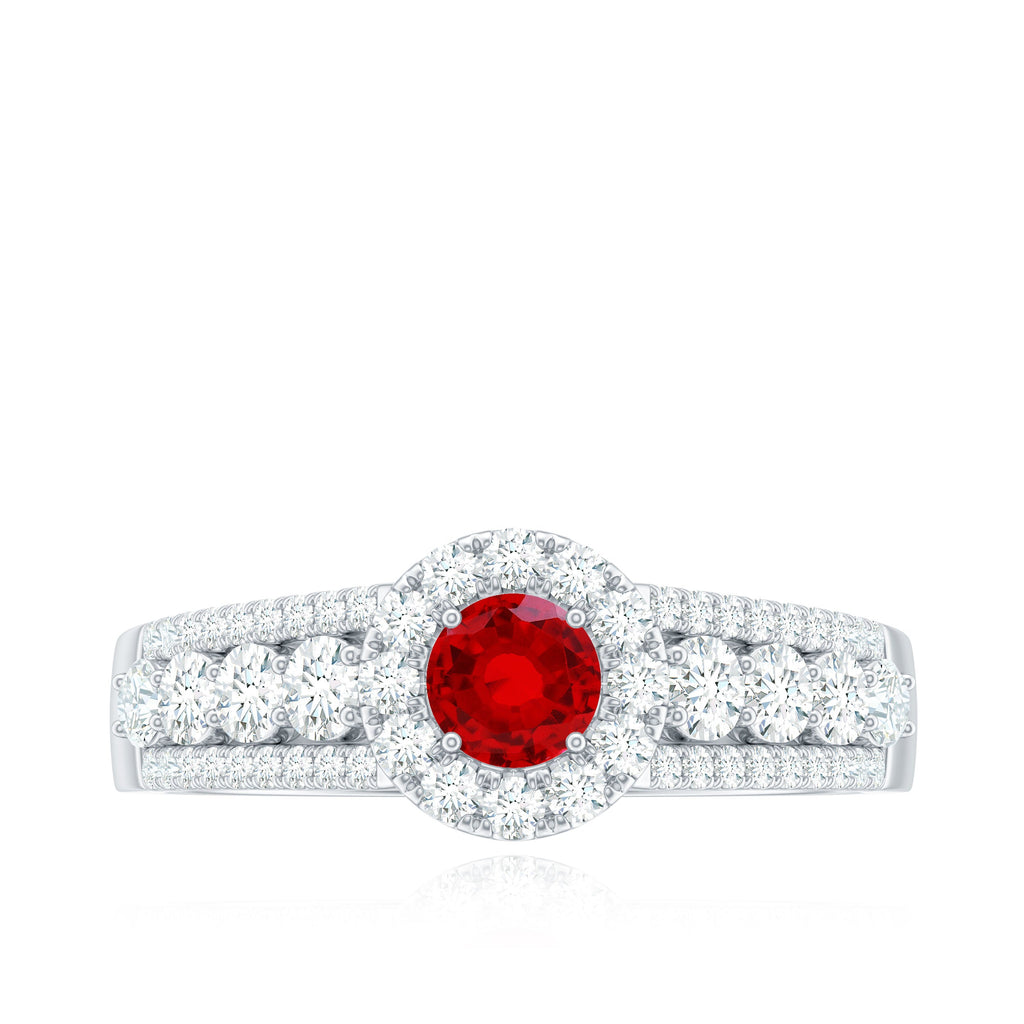 Lab Created Ruby Side Stone Engagement Ring with Moissanite