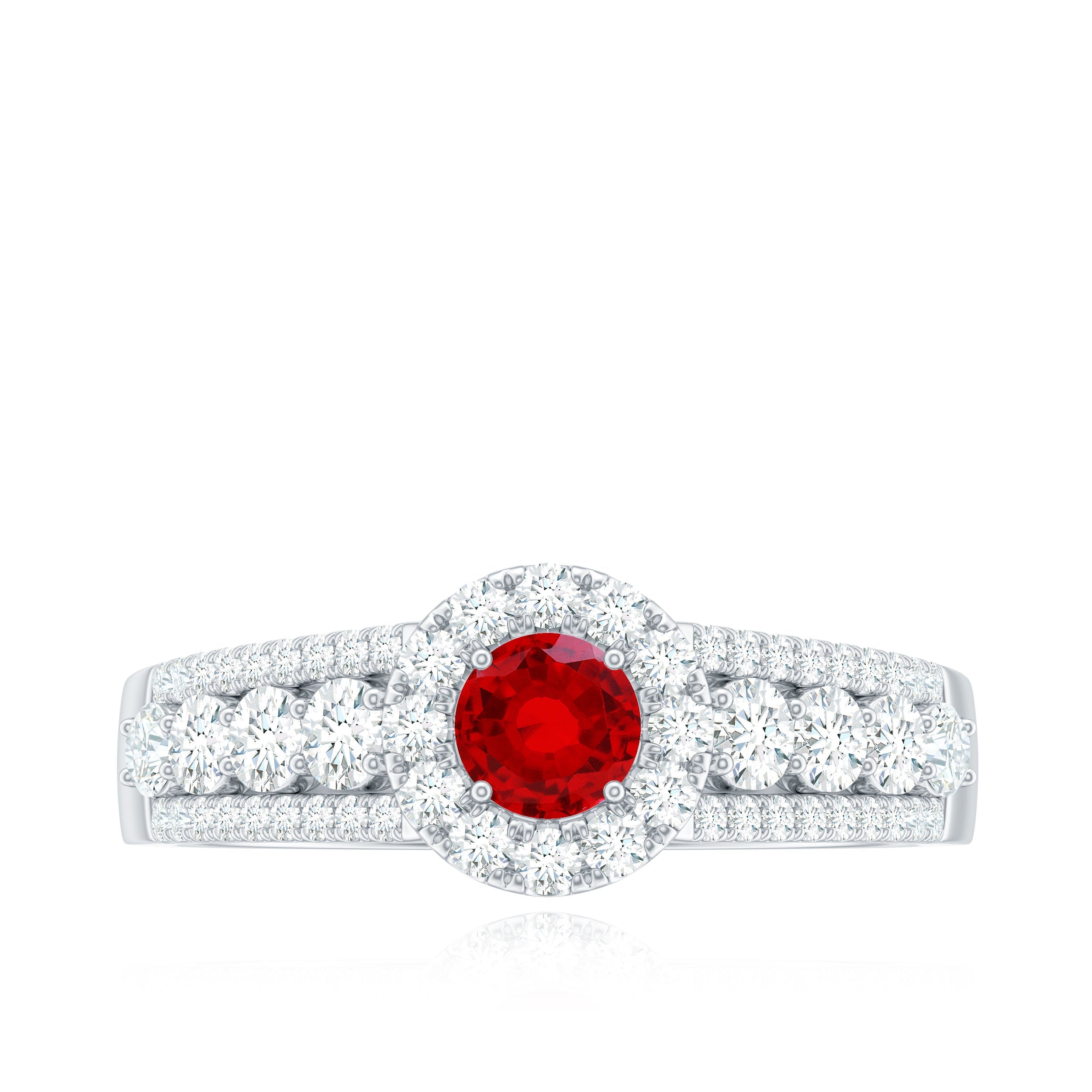 Lab Created Ruby Side Stone Engagement Ring with Moissanite