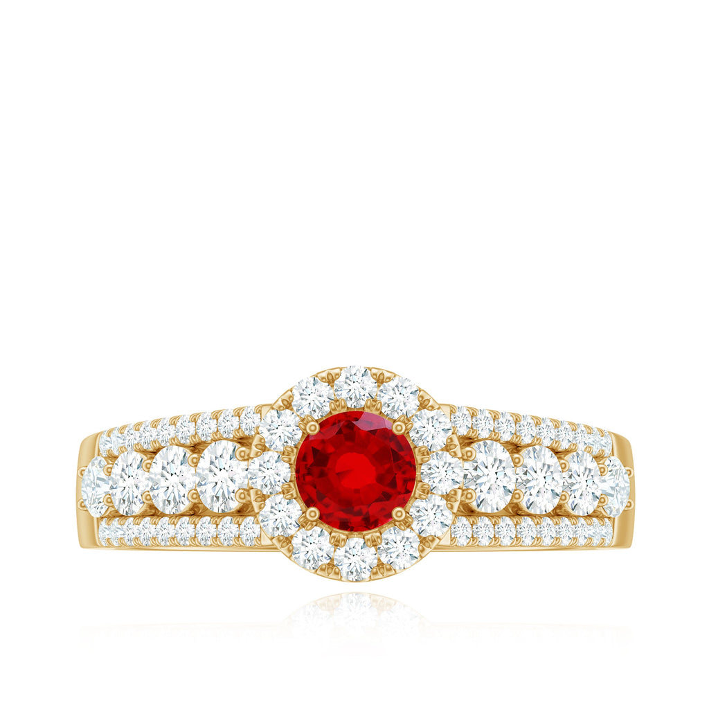 Lab Created Ruby Side Stone Engagement Ring with Moissanite