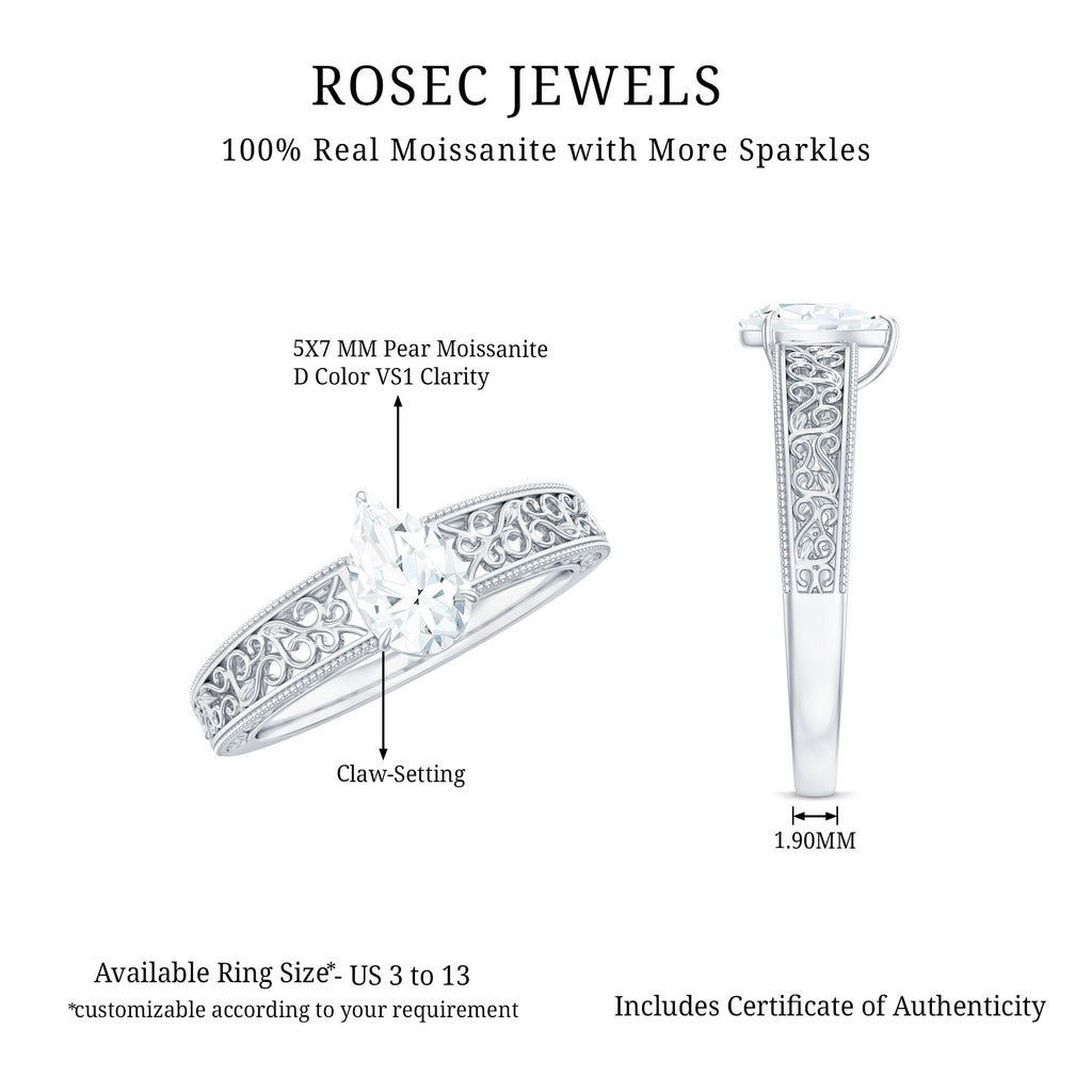 Pear Shaped Solitaire Moissanite Filigree Engagement Ring