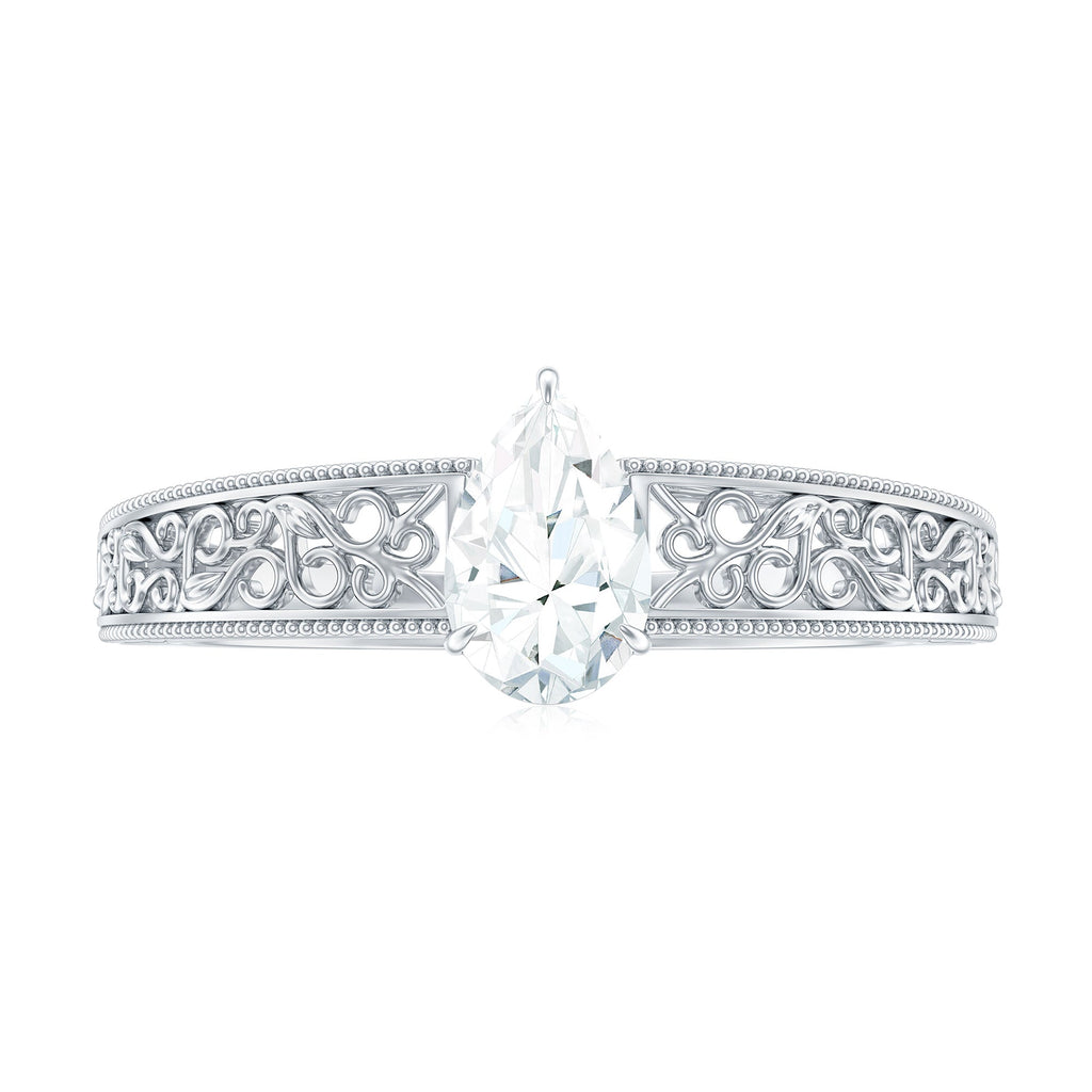 Pear Shaped Solitaire Moissanite Filigree Engagement Ring