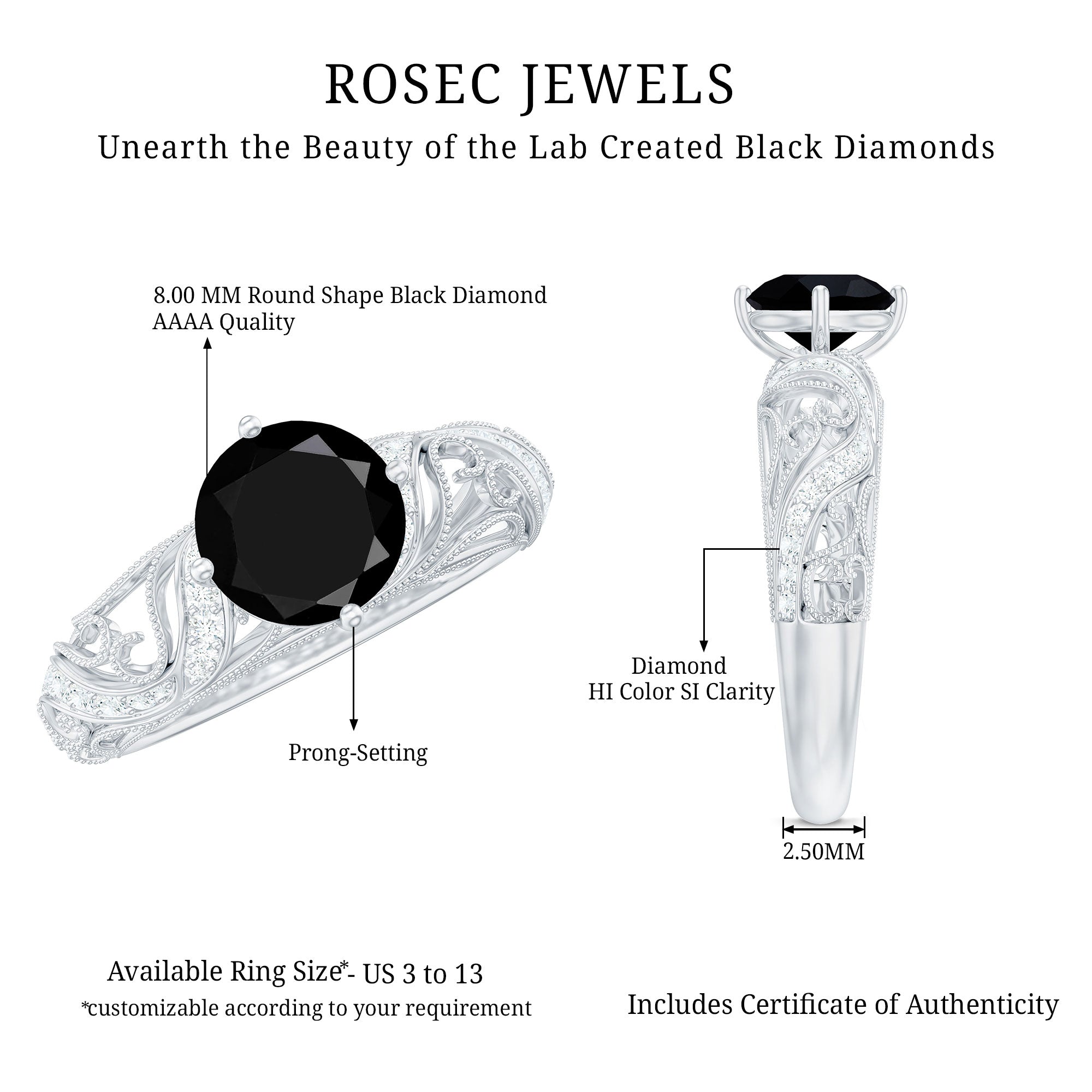 Round Created Black Diamond Vintage Inspired Engagement Ring with Diamond