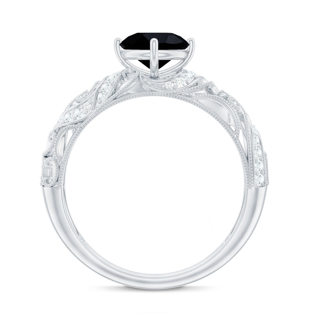 Round Created Black Diamond Vintage Inspired Engagement Ring with Diamond