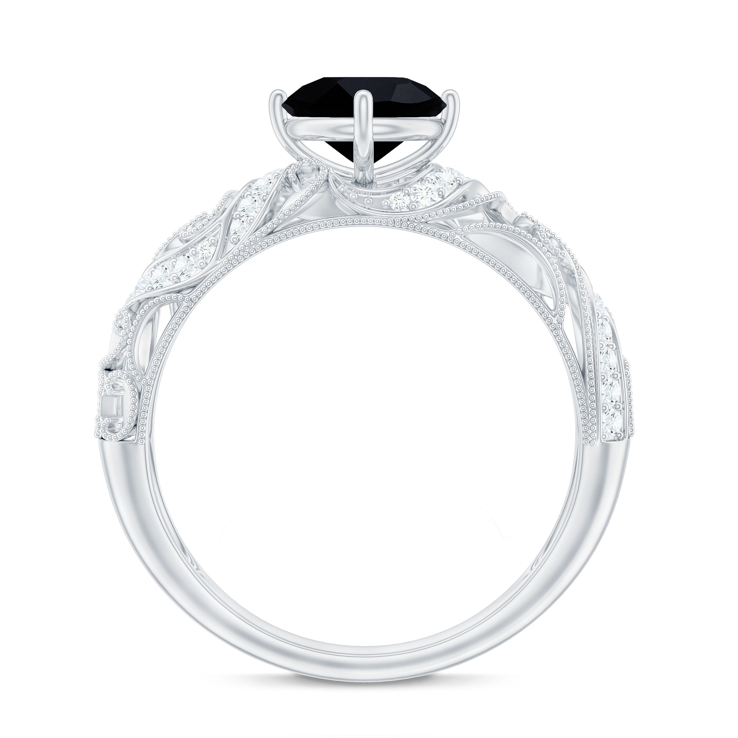 Round Created Black Diamond Vintage Inspired Engagement Ring with Diamond