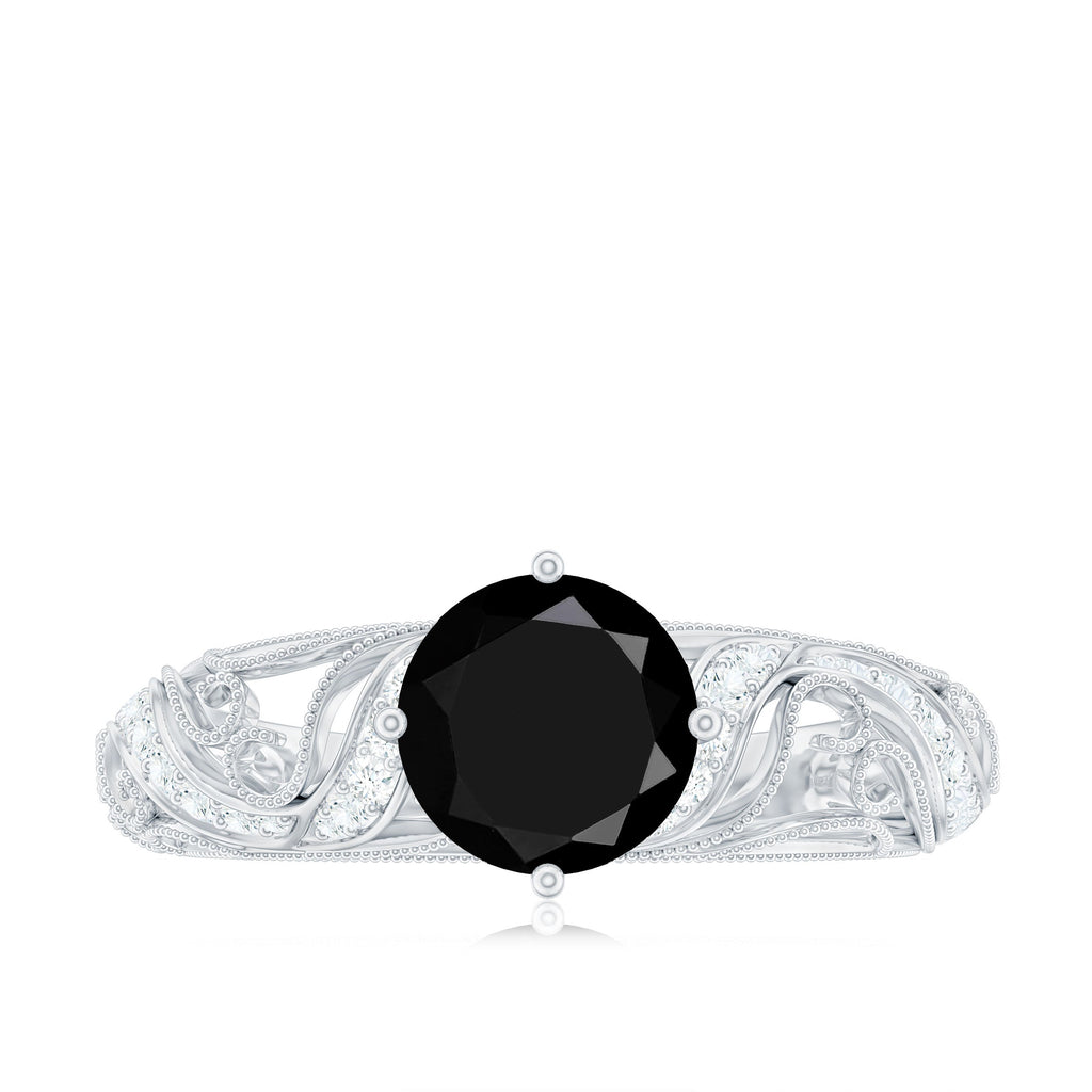 Round Created Black Diamond Vintage Inspired Engagement Ring with Diamond