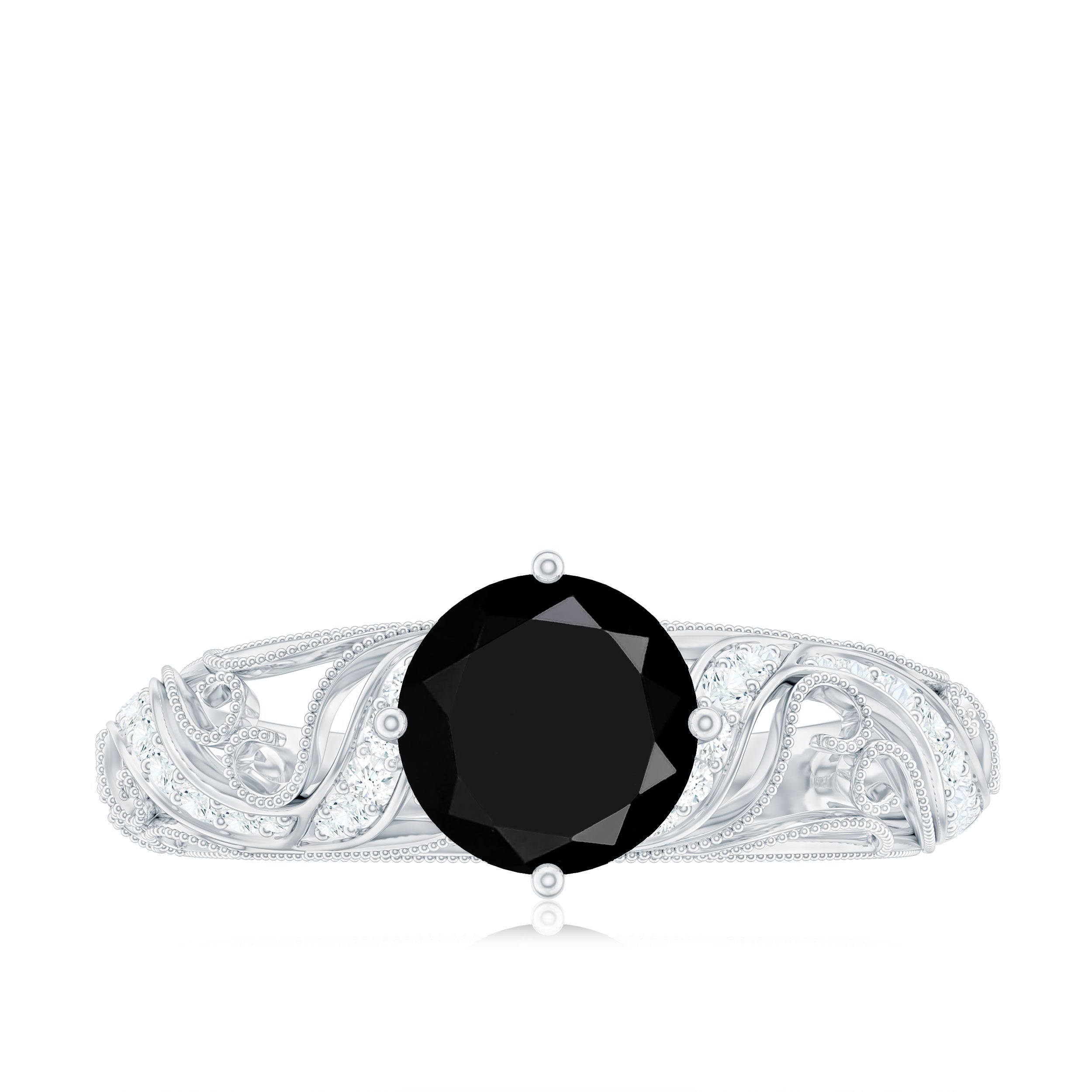 Round Created Black Diamond Vintage Inspired Engagement Ring with Diamond