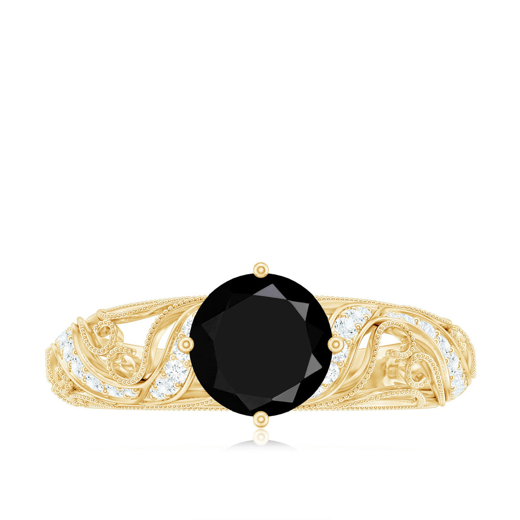 Round Created Black Diamond Vintage Inspired Engagement Ring with Diamond