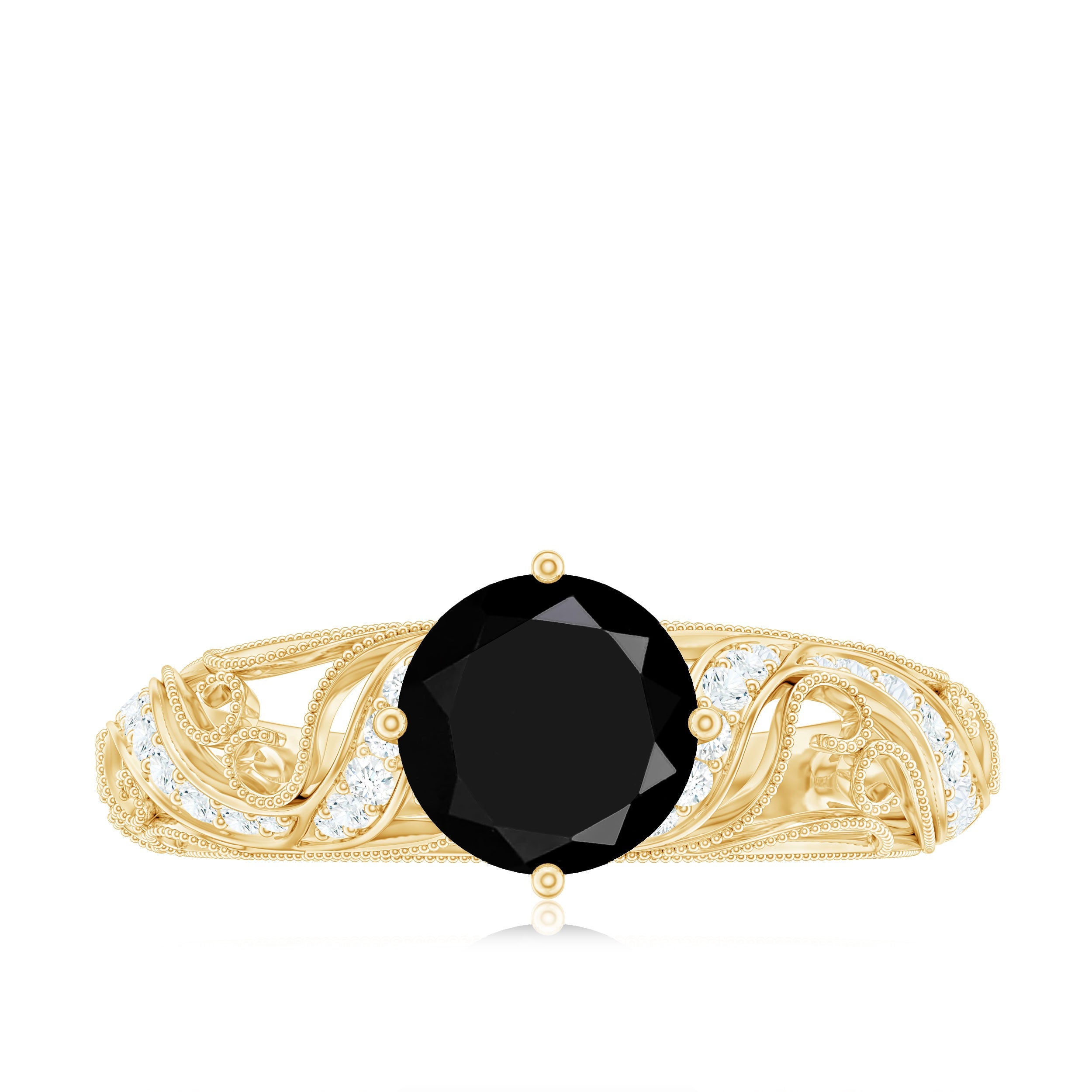 Round Created Black Diamond Vintage Inspired Engagement Ring with Diamond