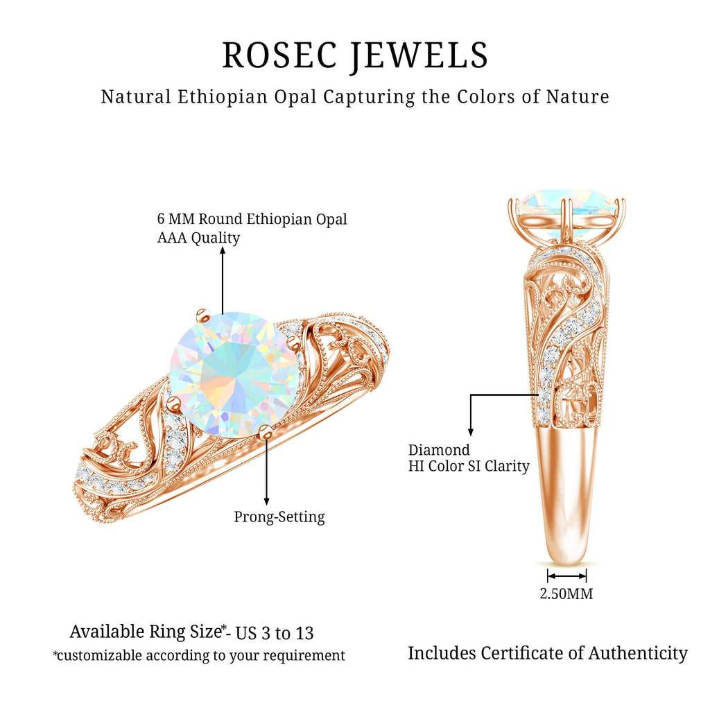 Genuine Ethiopian Rainbow Opal Vintage Inspired Engagement Ring with Diamond
