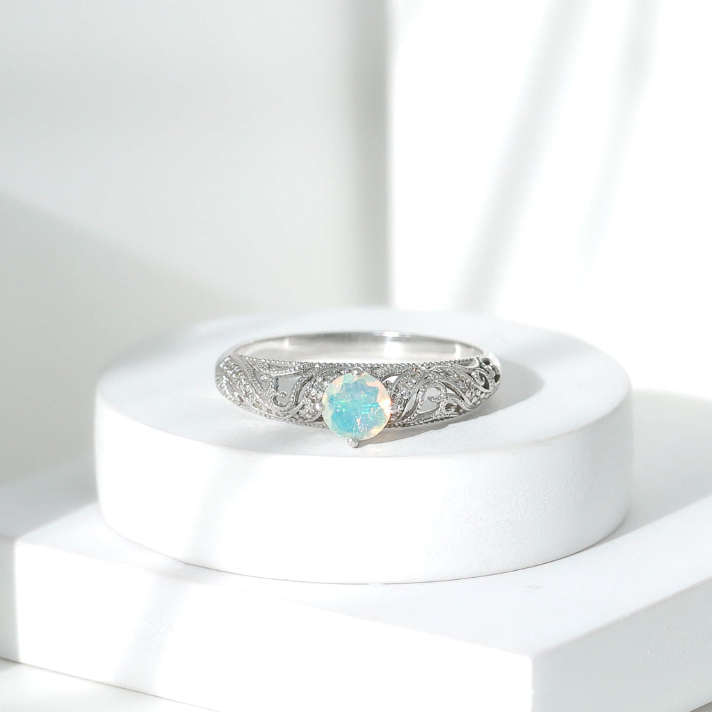 Genuine Ethiopian Rainbow Opal Vintage Inspired Engagement Ring with Diamond