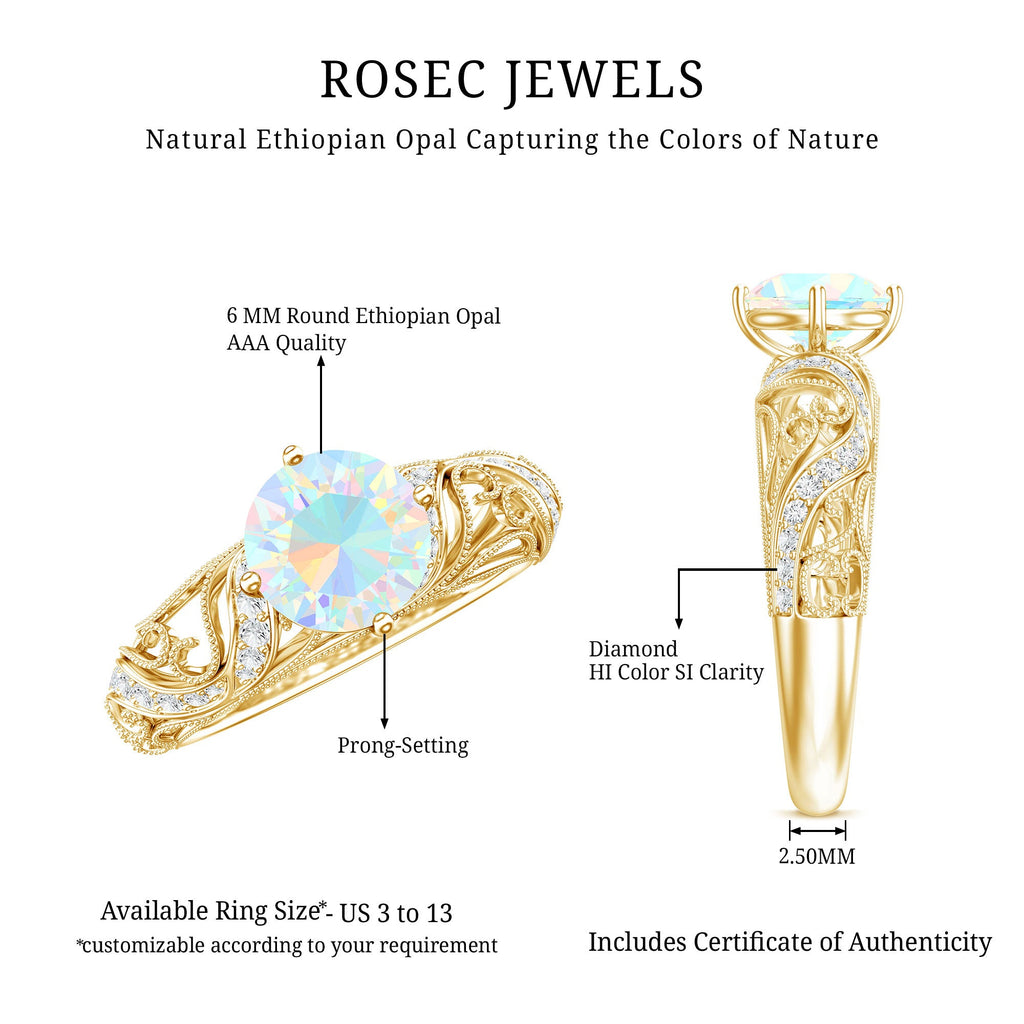 Genuine Ethiopian Rainbow Opal Vintage Inspired Engagement Ring with Diamond