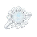 Round Moonstone and Diamond Halo Engagement Ring in Bezel Setting