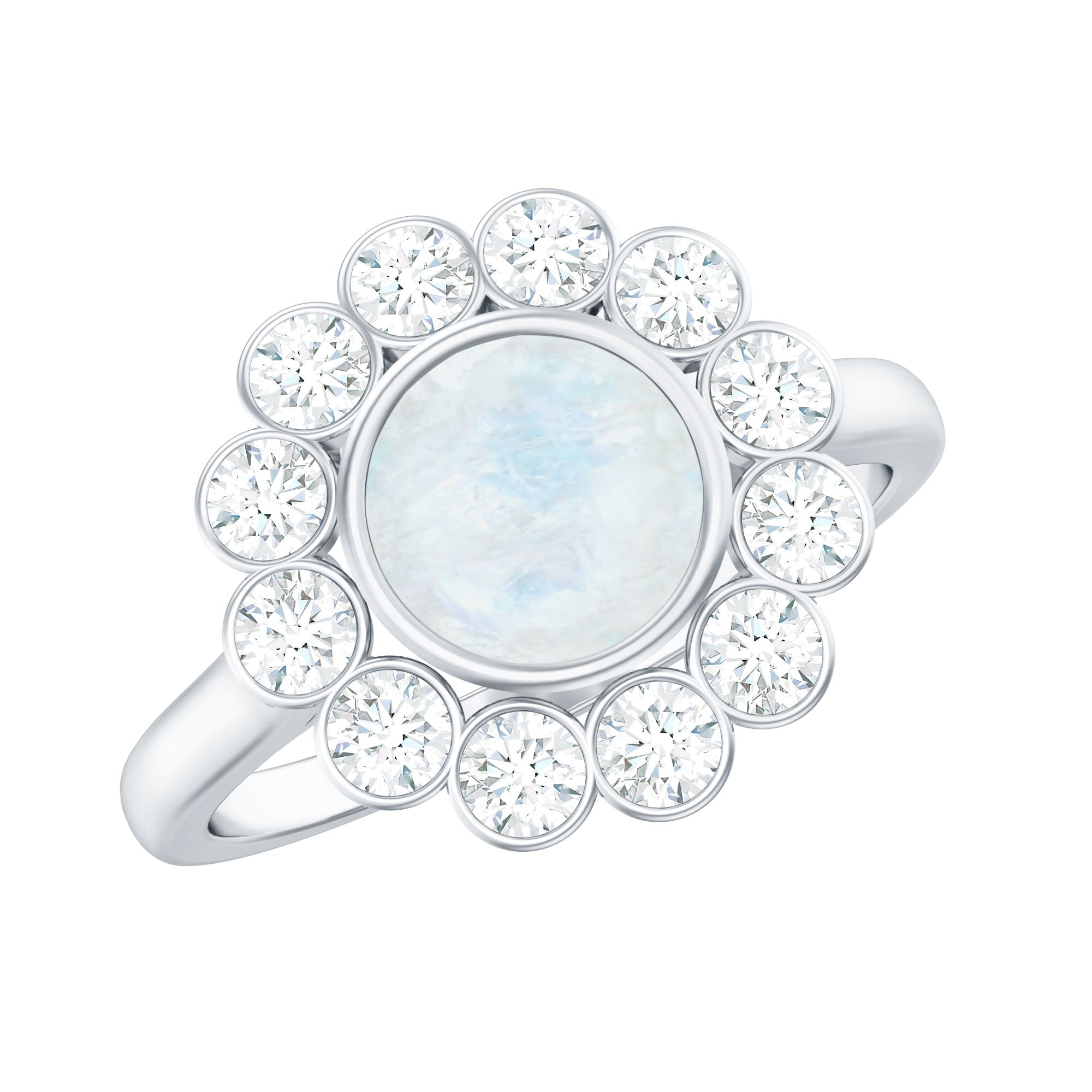 Round Moonstone and Diamond Halo Engagement Ring in Bezel Setting
