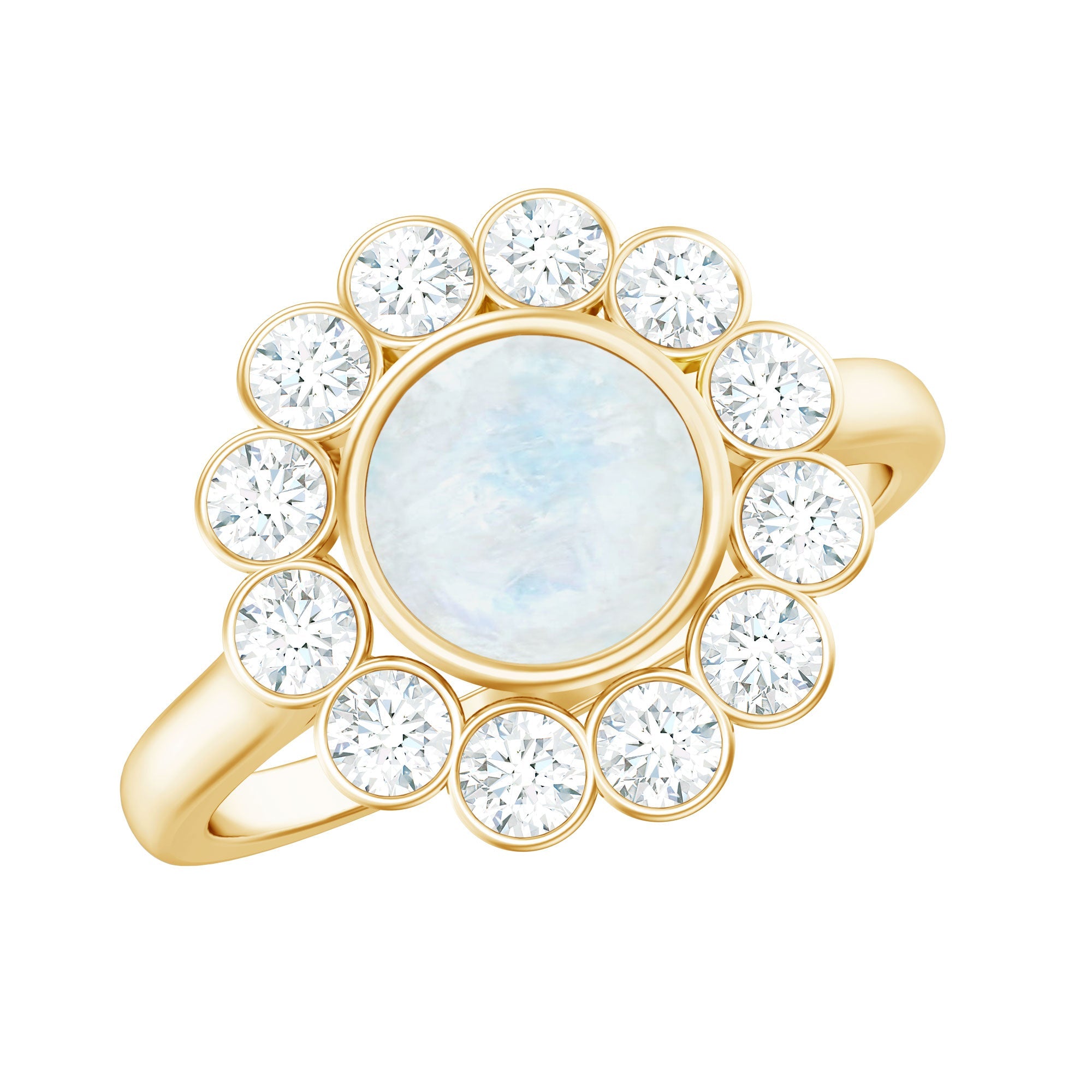 Round Moonstone and Diamond Halo Engagement Ring in Bezel Setting
