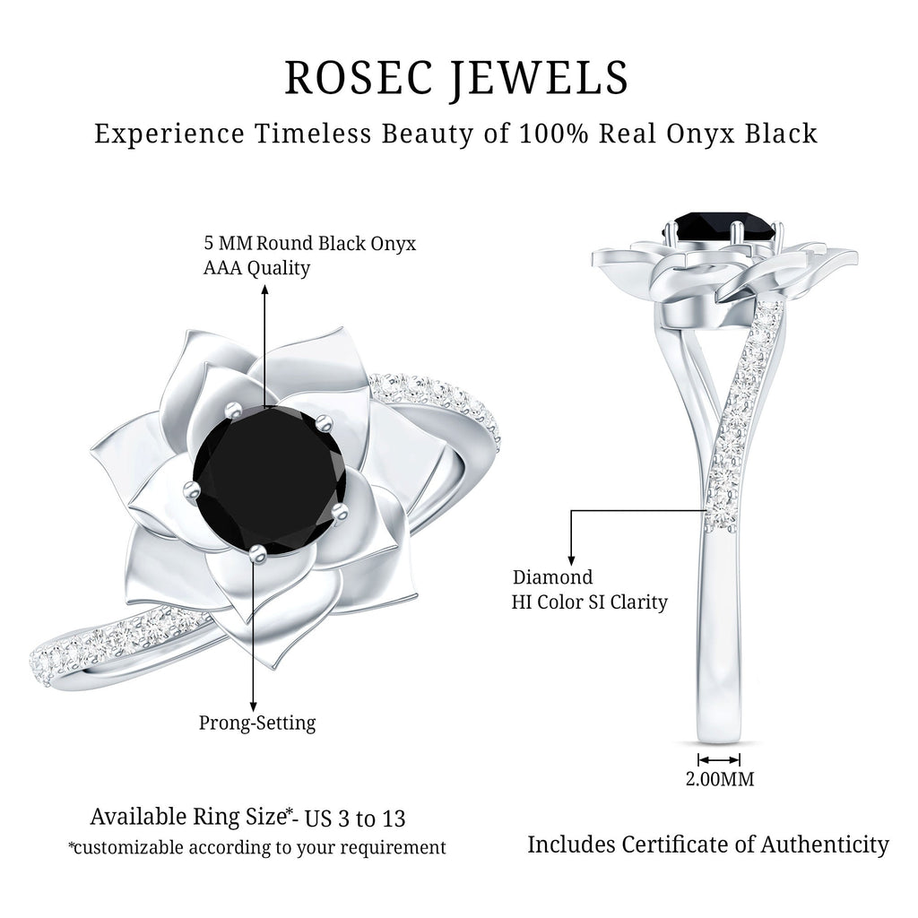 Flower Inspired Black Onyx Rose Engagement Ring with Diamond
