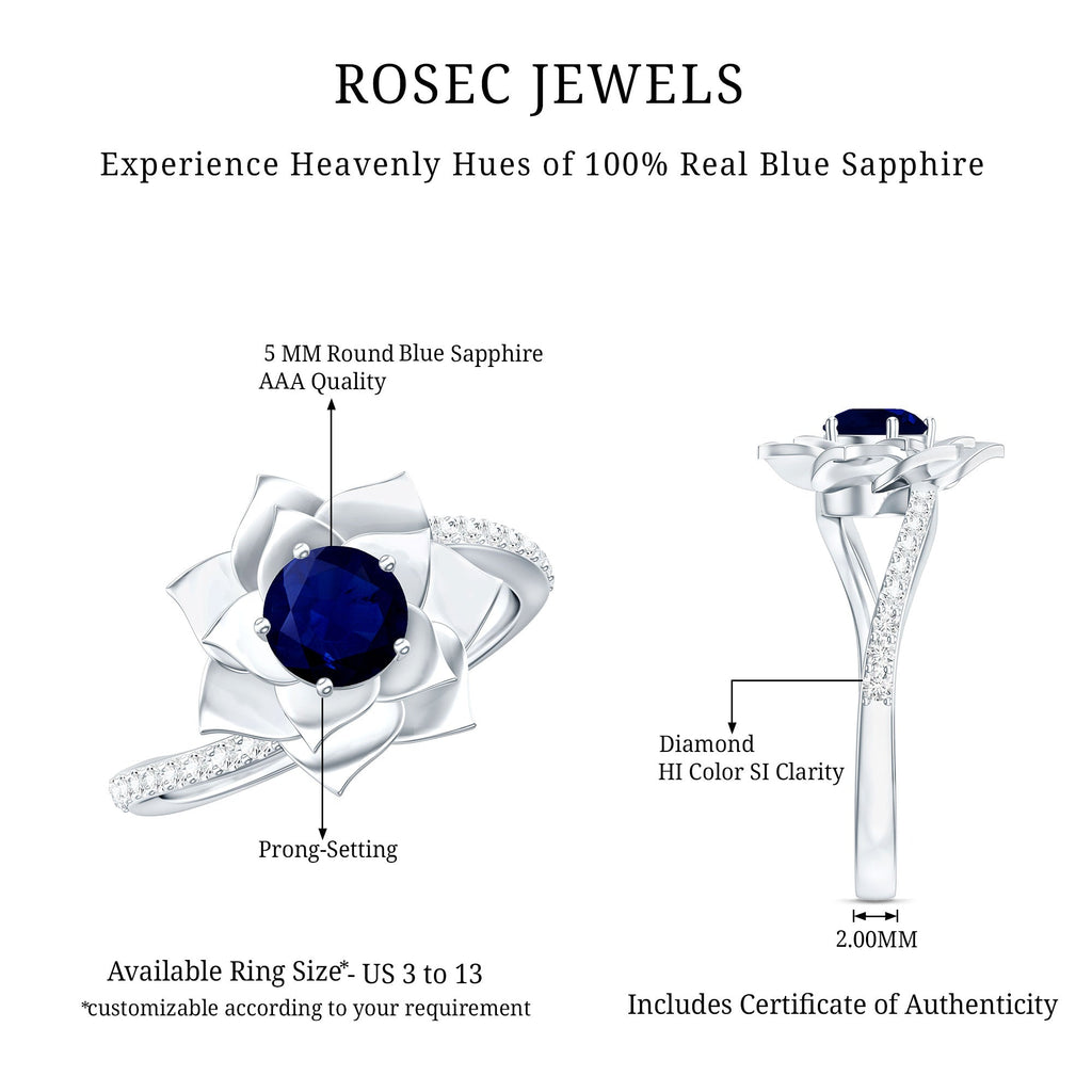 Real 0.9 Carat Blue Sapphire Rose Flower Engagement Ring with Diamond Bypass Shank