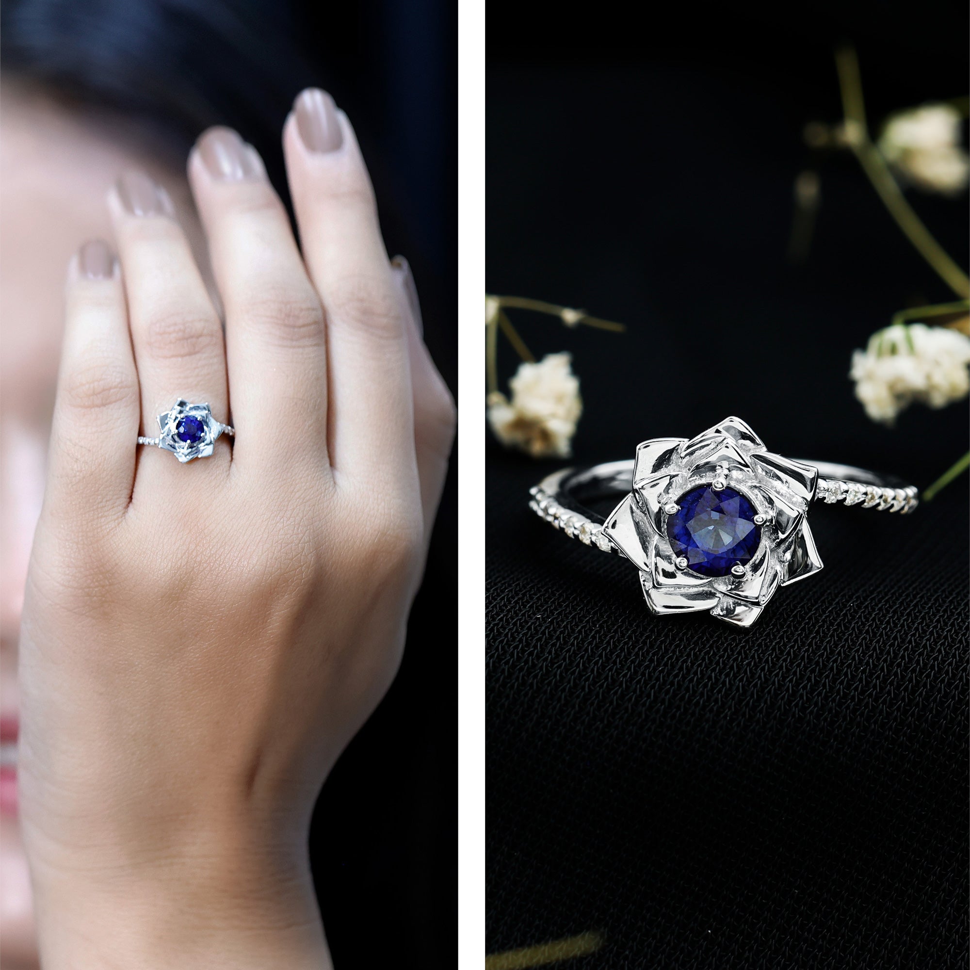 Real 0.9 Carat Blue Sapphire Rose Flower Engagement Ring with Diamond Bypass Shank