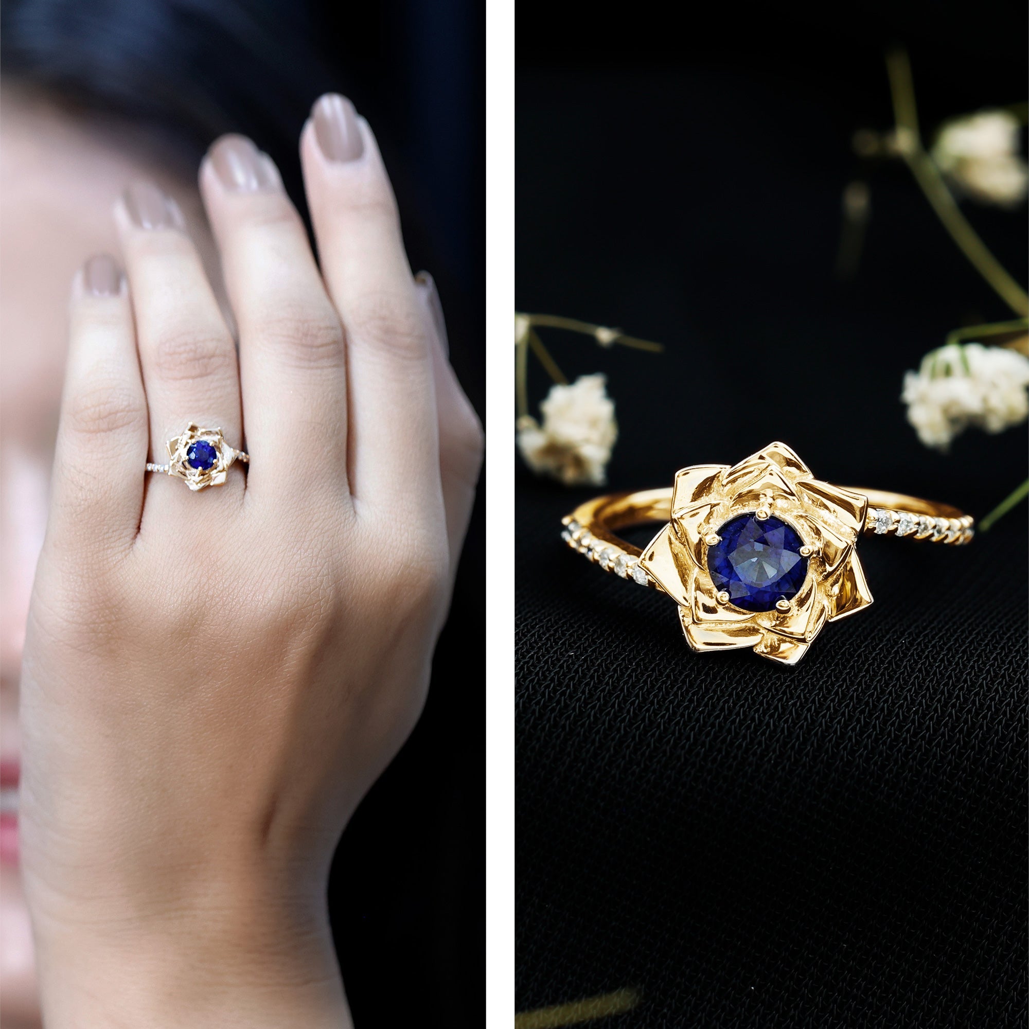 Real 0.9 Carat Blue Sapphire Rose Flower Engagement Ring with Diamond Bypass Shank