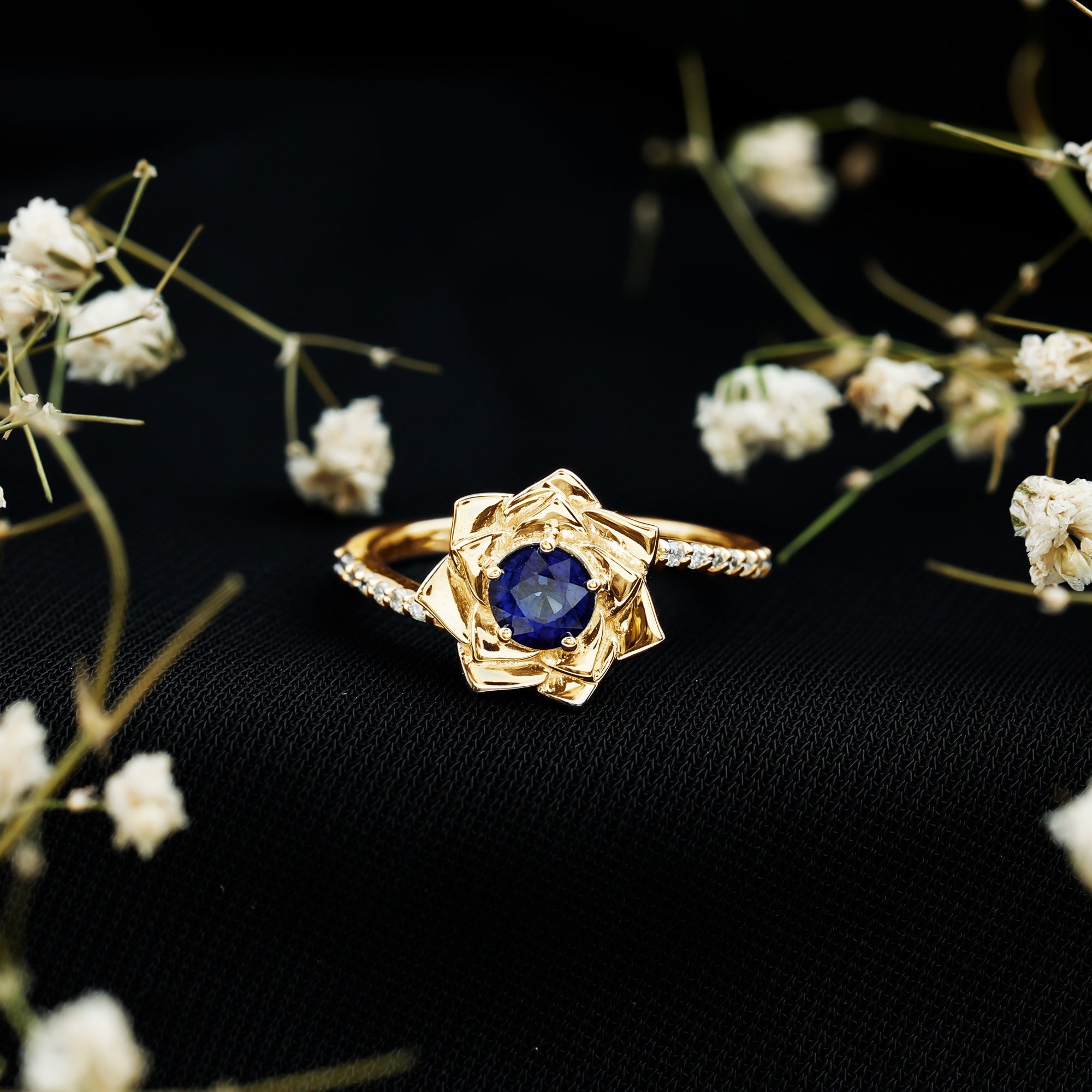 Real 0.9 Carat Blue Sapphire Rose Flower Engagement Ring with Diamond Bypass Shank