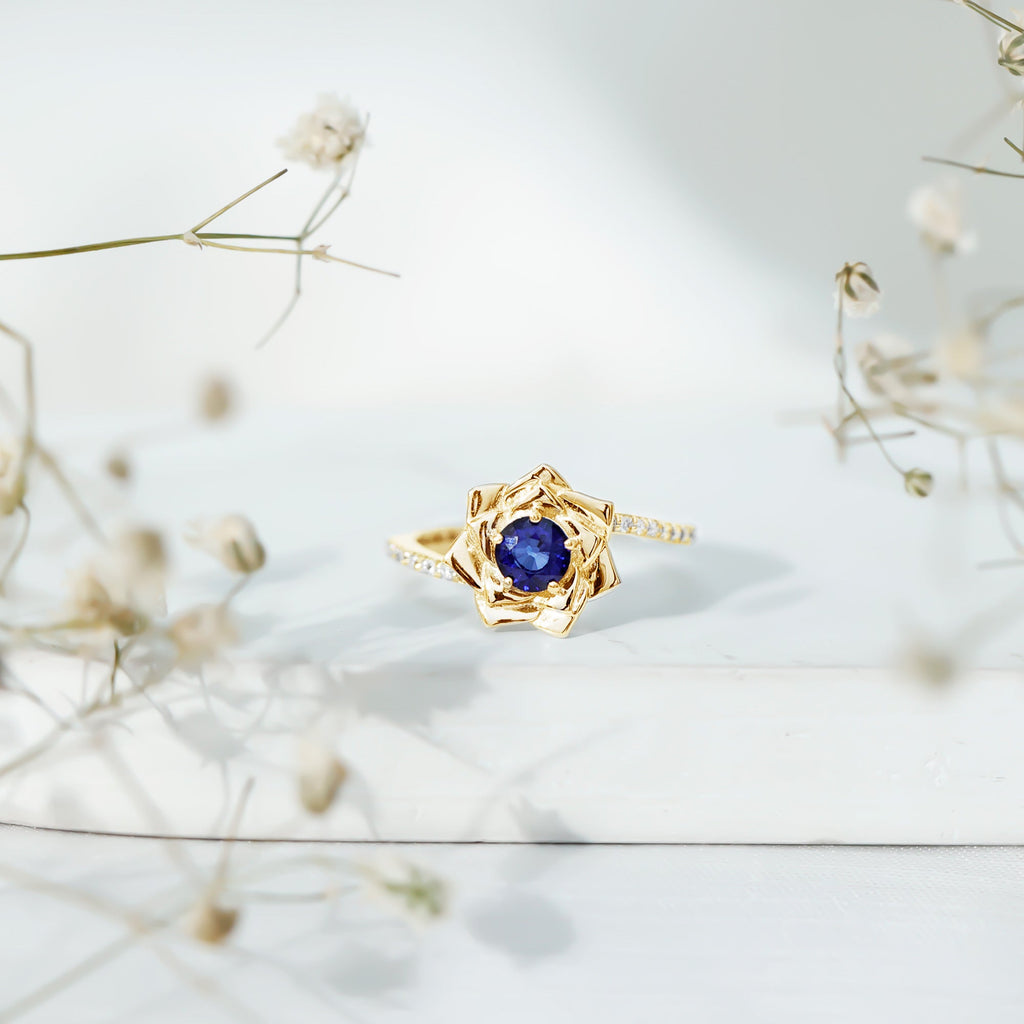 Real 0.9 Carat Blue Sapphire Rose Flower Engagement Ring with Diamond Bypass Shank