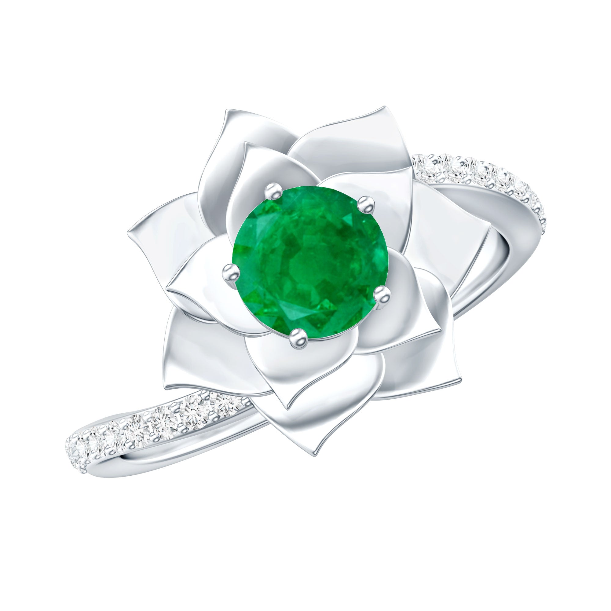 Certified Real Emerald Flower Engagement Ring with Diamond Bypass Shank