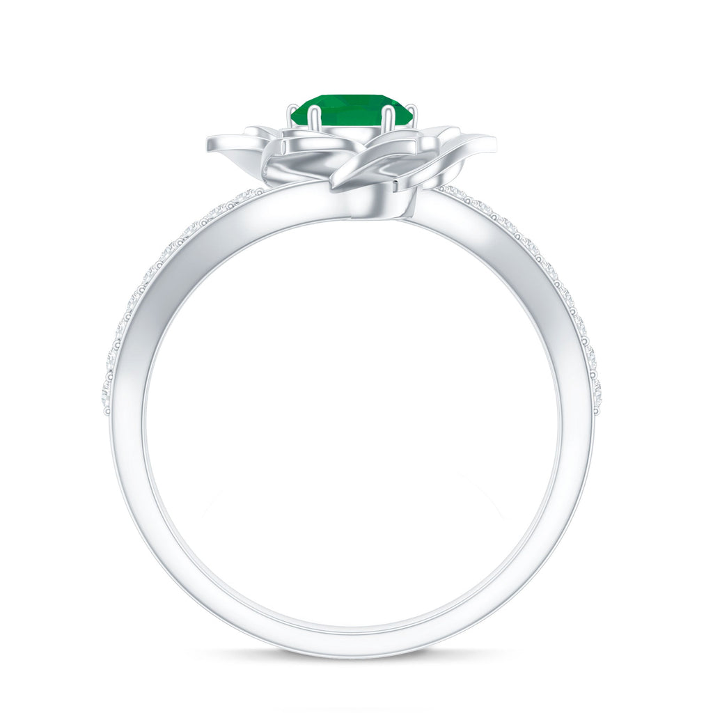 Certified Real Emerald Flower Engagement Ring with Diamond Bypass Shank