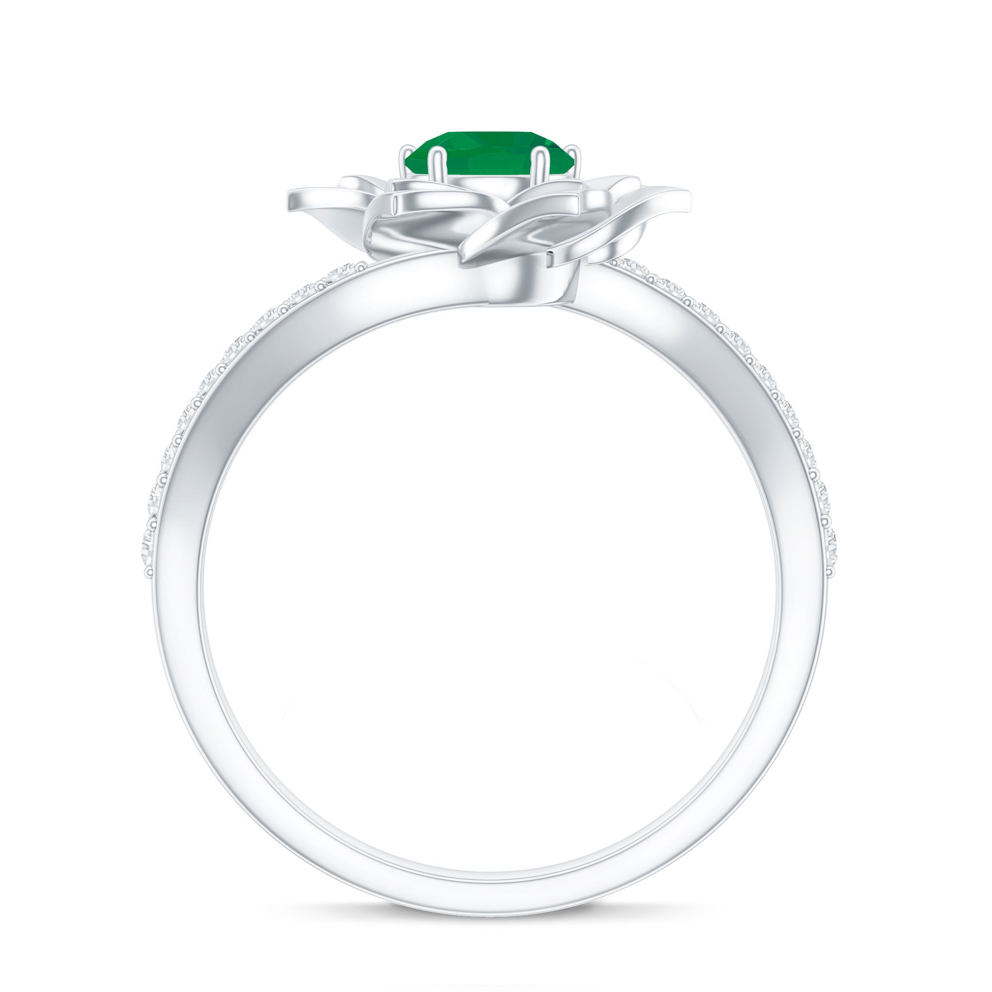 Certified Real Emerald Flower Engagement Ring with Diamond Bypass Shank