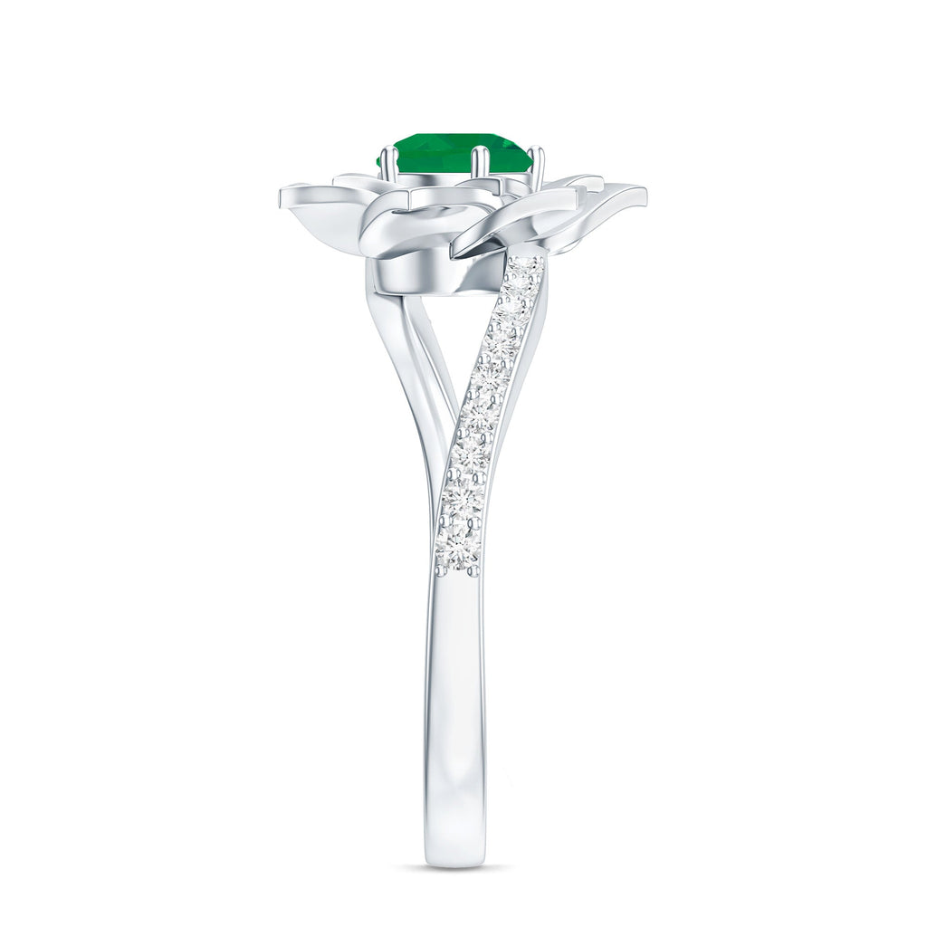 Certified Real Emerald Flower Engagement Ring with Diamond Bypass Shank