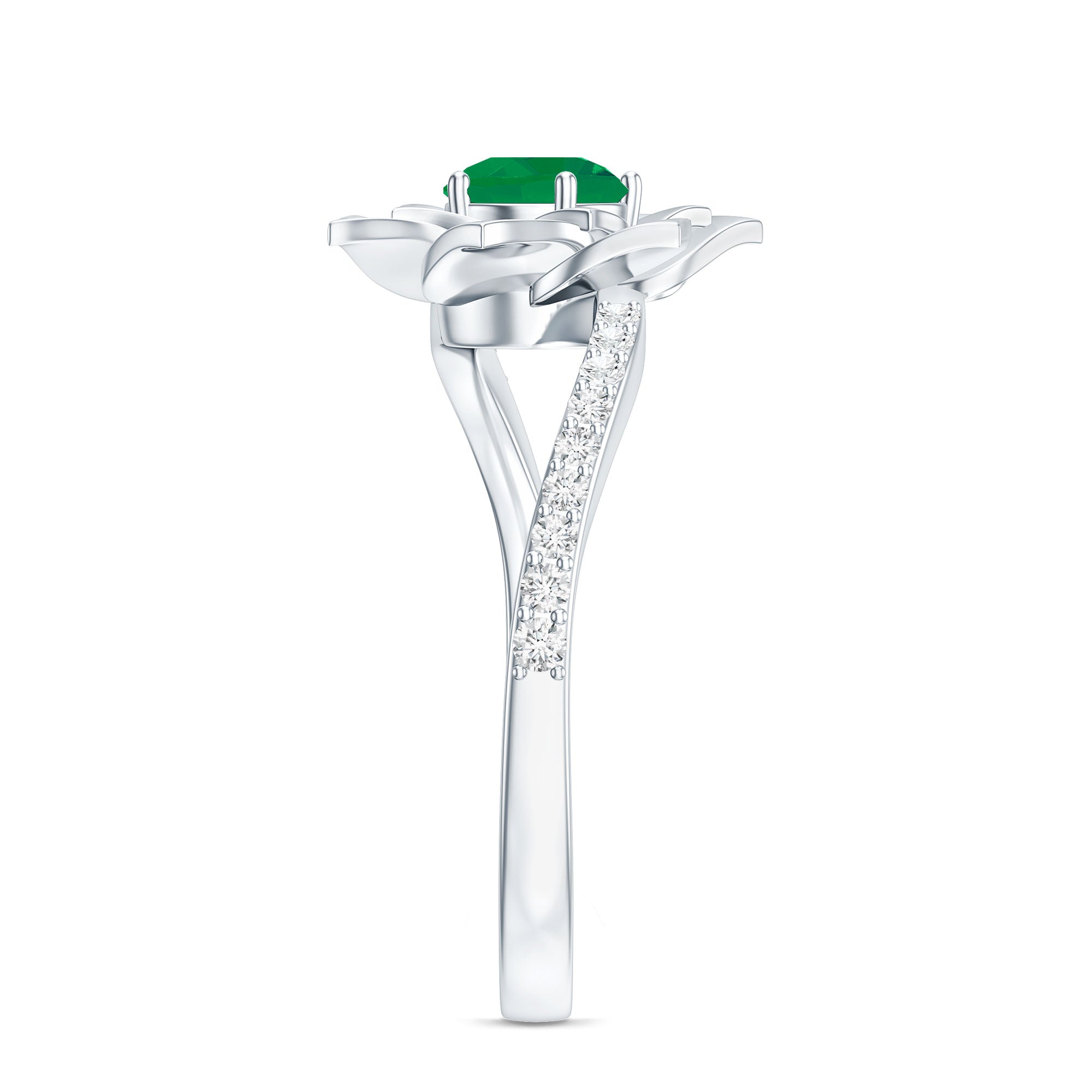 Certified Real Emerald Flower Engagement Ring with Diamond Bypass Shank