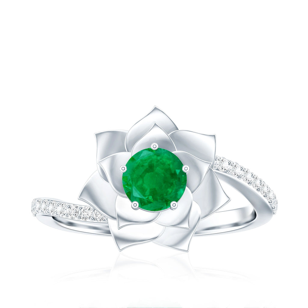 Certified Real Emerald Flower Engagement Ring with Diamond Bypass Shank