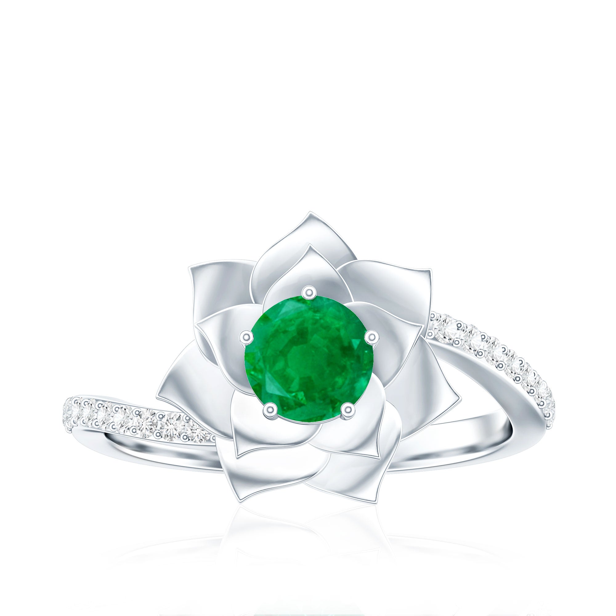 Certified Real Emerald Flower Engagement Ring with Diamond Bypass Shank