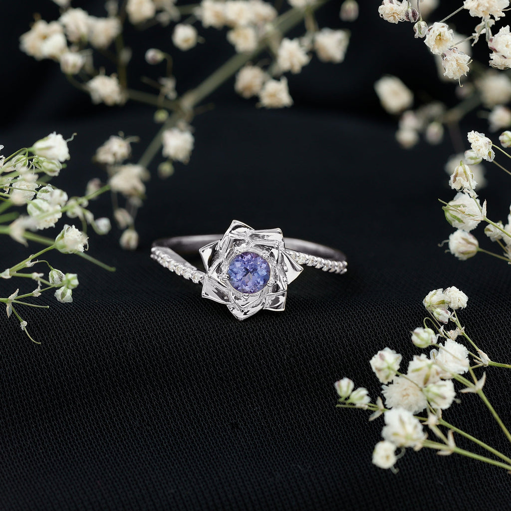 Real Tanzanite Rose Flower Engagement Ring with Diamond Bypass Shank
