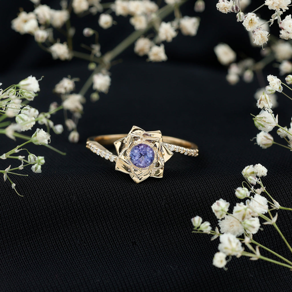 Real Tanzanite Rose Flower Engagement Ring with Diamond Bypass Shank