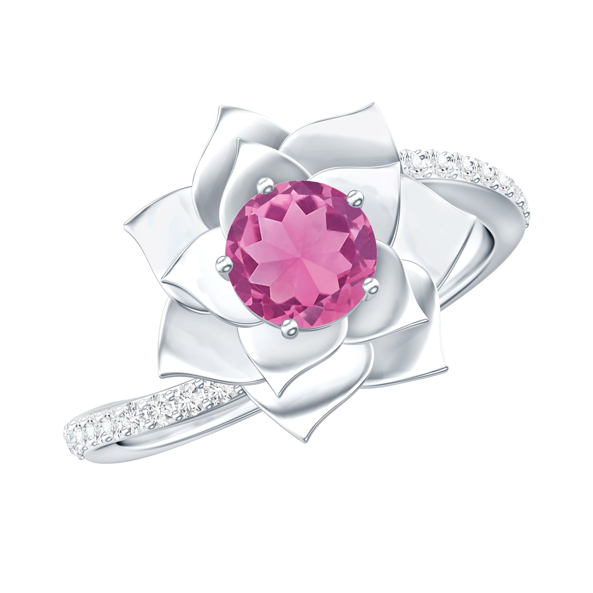 Pink Tourmaline and Diamond Flower Engagement Ring with Bypass Shank