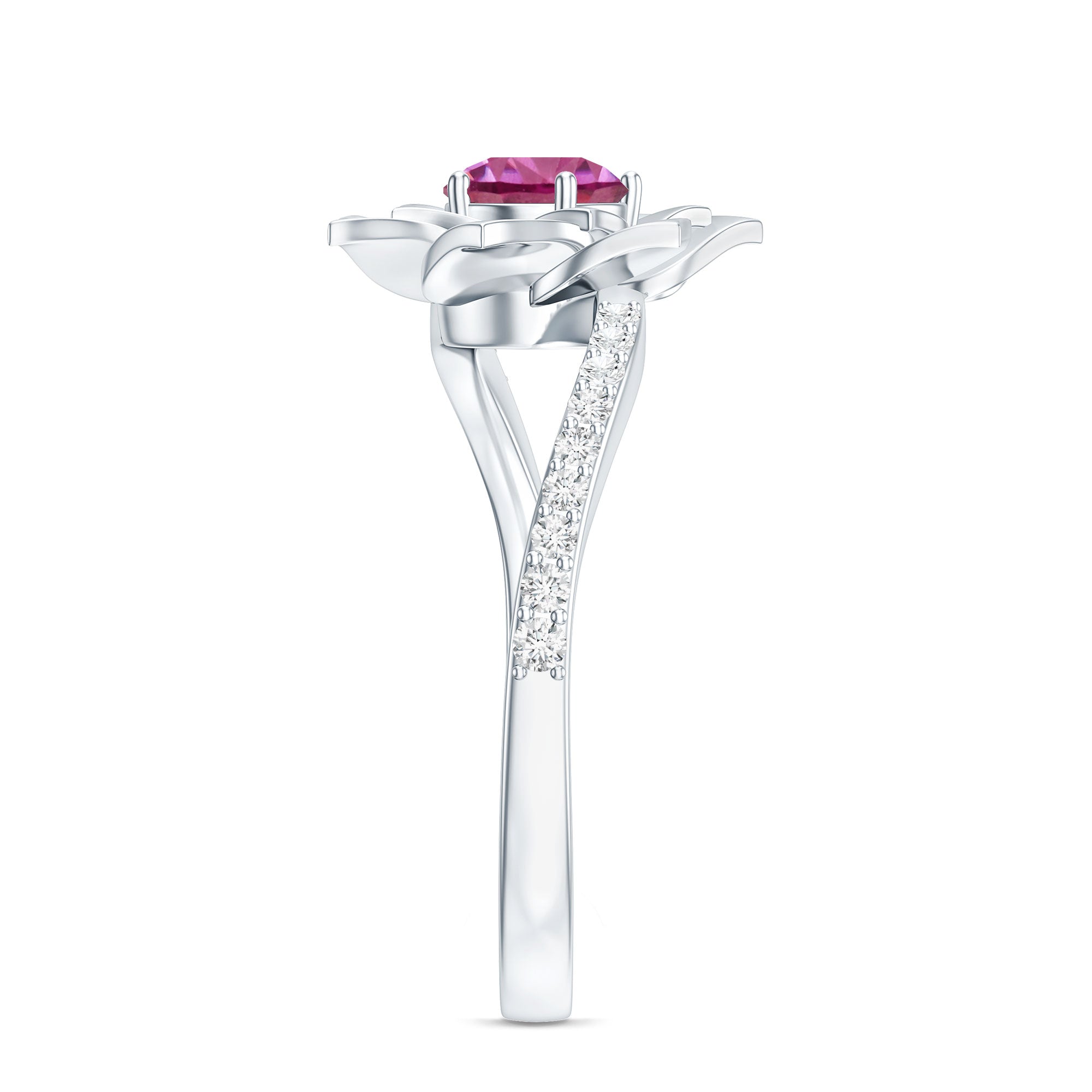 Pink Tourmaline and Diamond Flower Engagement Ring with Bypass Shank