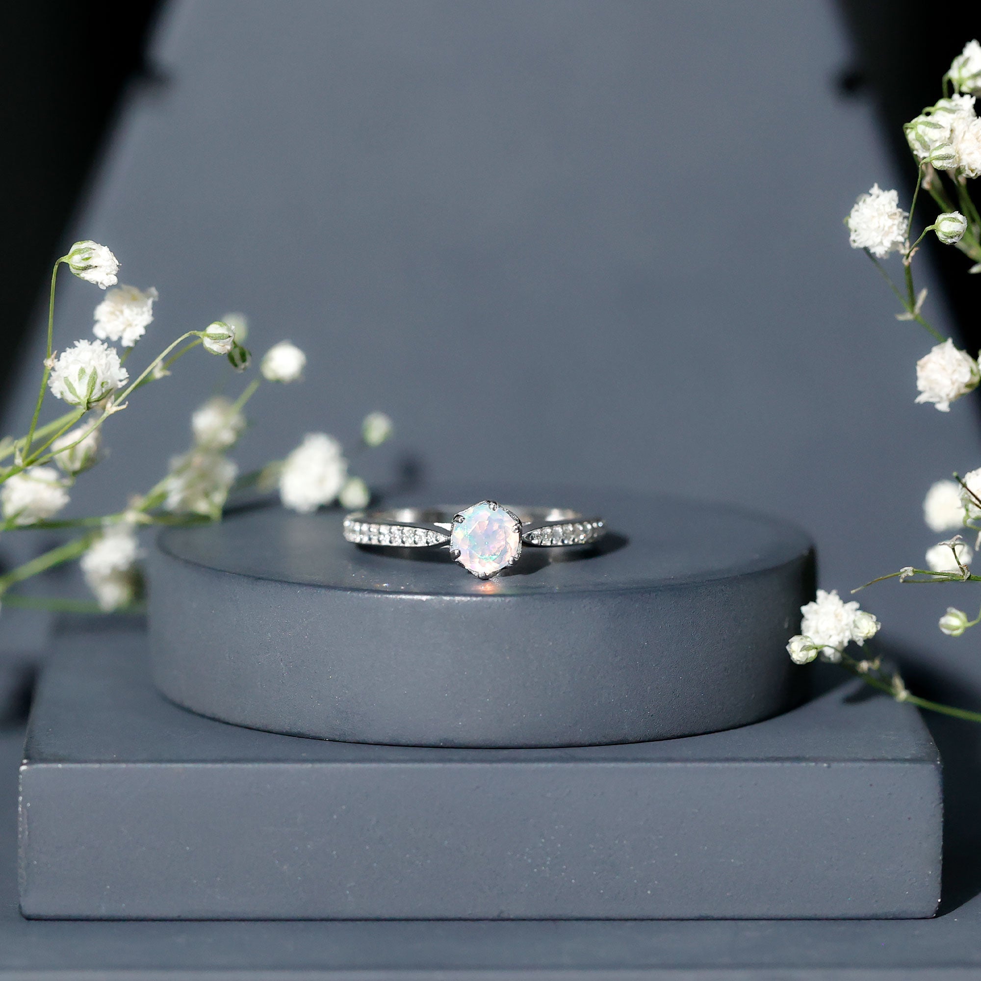 Genuine Ethiopian Rainbow Opal Engagement Ring with Diamond Side Stones