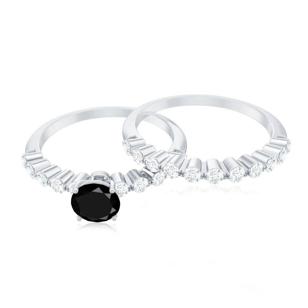 Round Cut Black Onyx and Diamond Stacking Wedding Ring Set